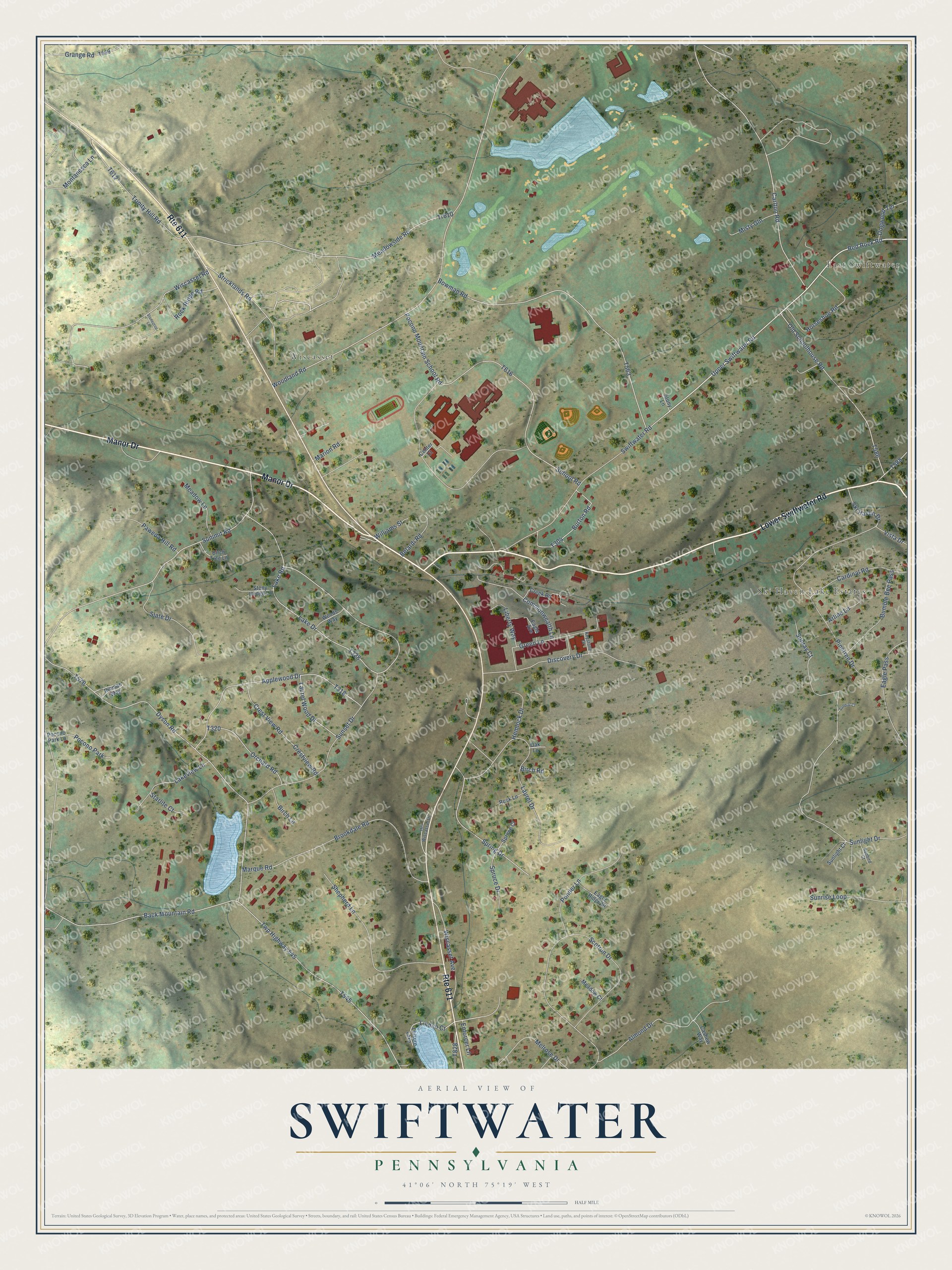 Full map of Swiftwater, Pennsylvania, with red buildings, printed street names and the land around them