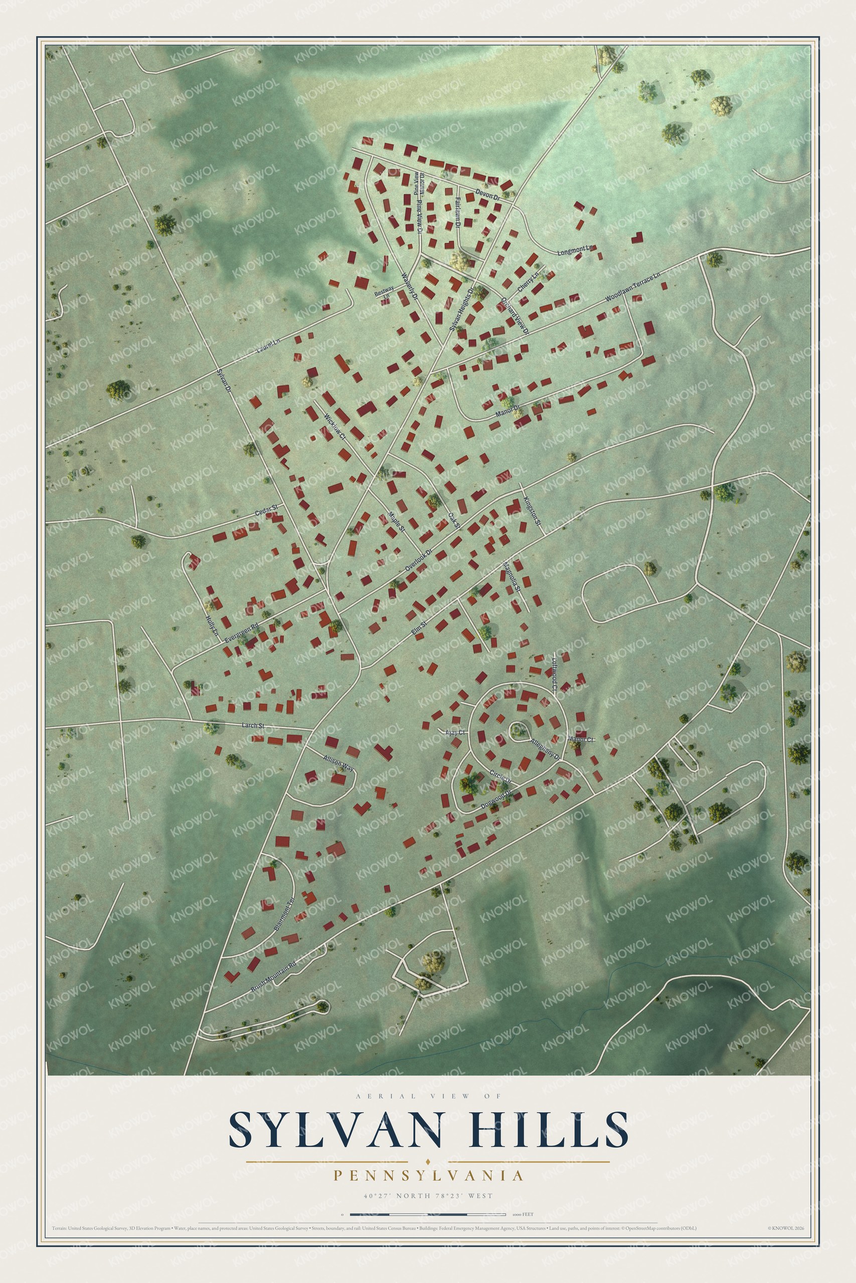 Full map of Sylvan Hills, Pennsylvania, with red buildings, printed street names and the land around them