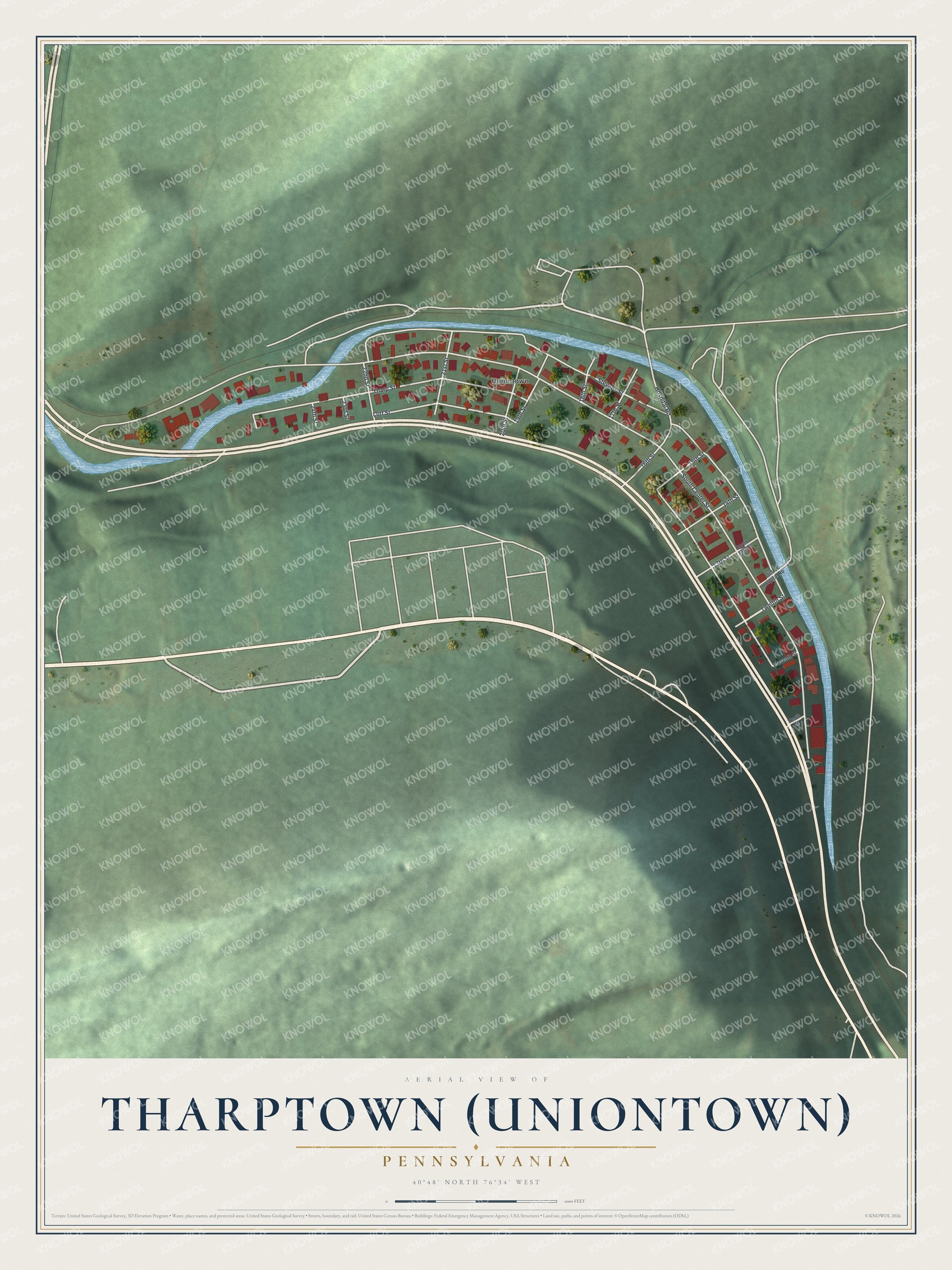Full map of Tharptown (Uniontown), Pennsylvania, with red buildings, printed street names and the land around them