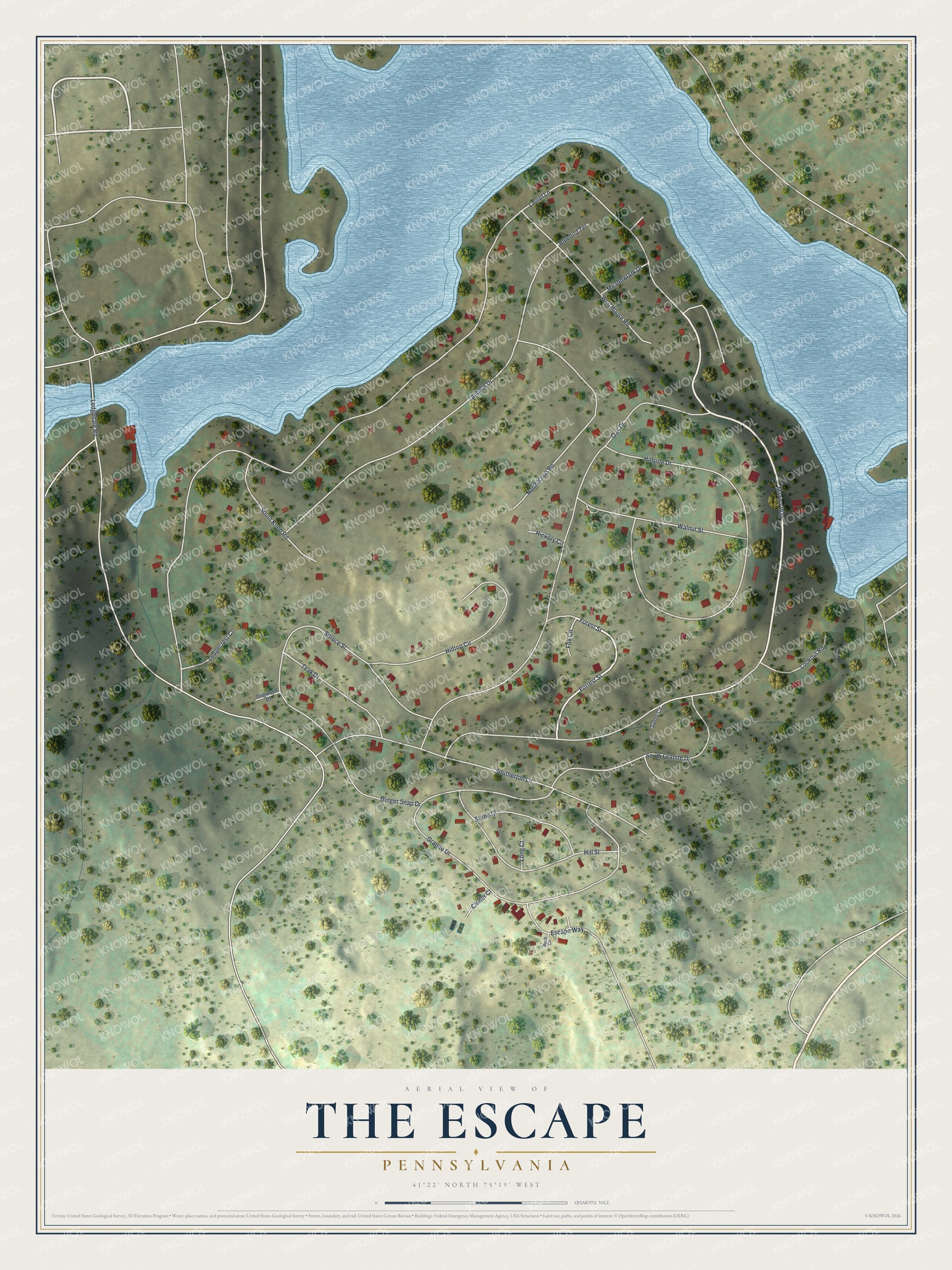Full map of The Escape, Pennsylvania, with red buildings, printed street names and the land around them