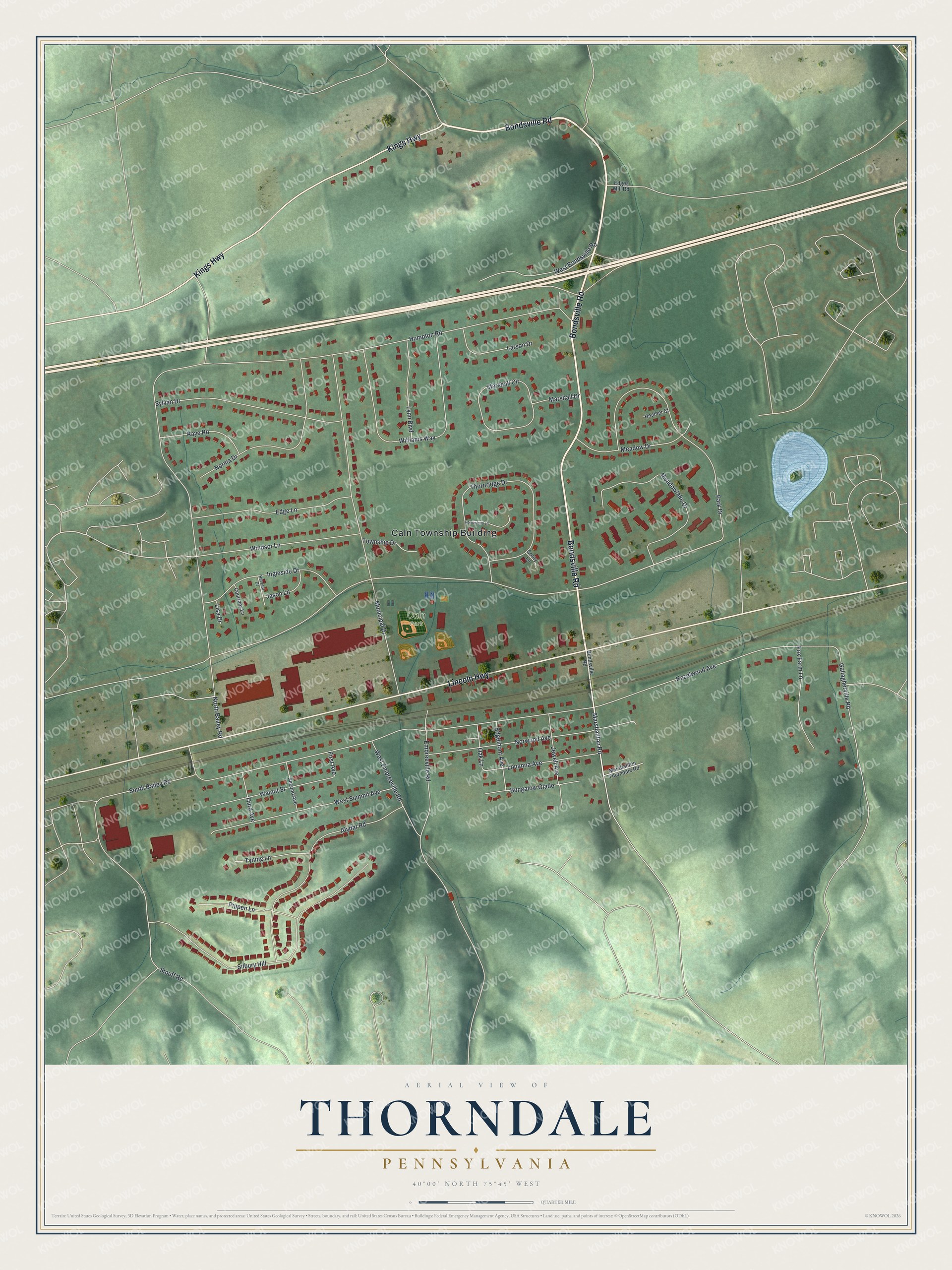 Full map of Thorndale, Pennsylvania, with red buildings, printed street names and the land around them