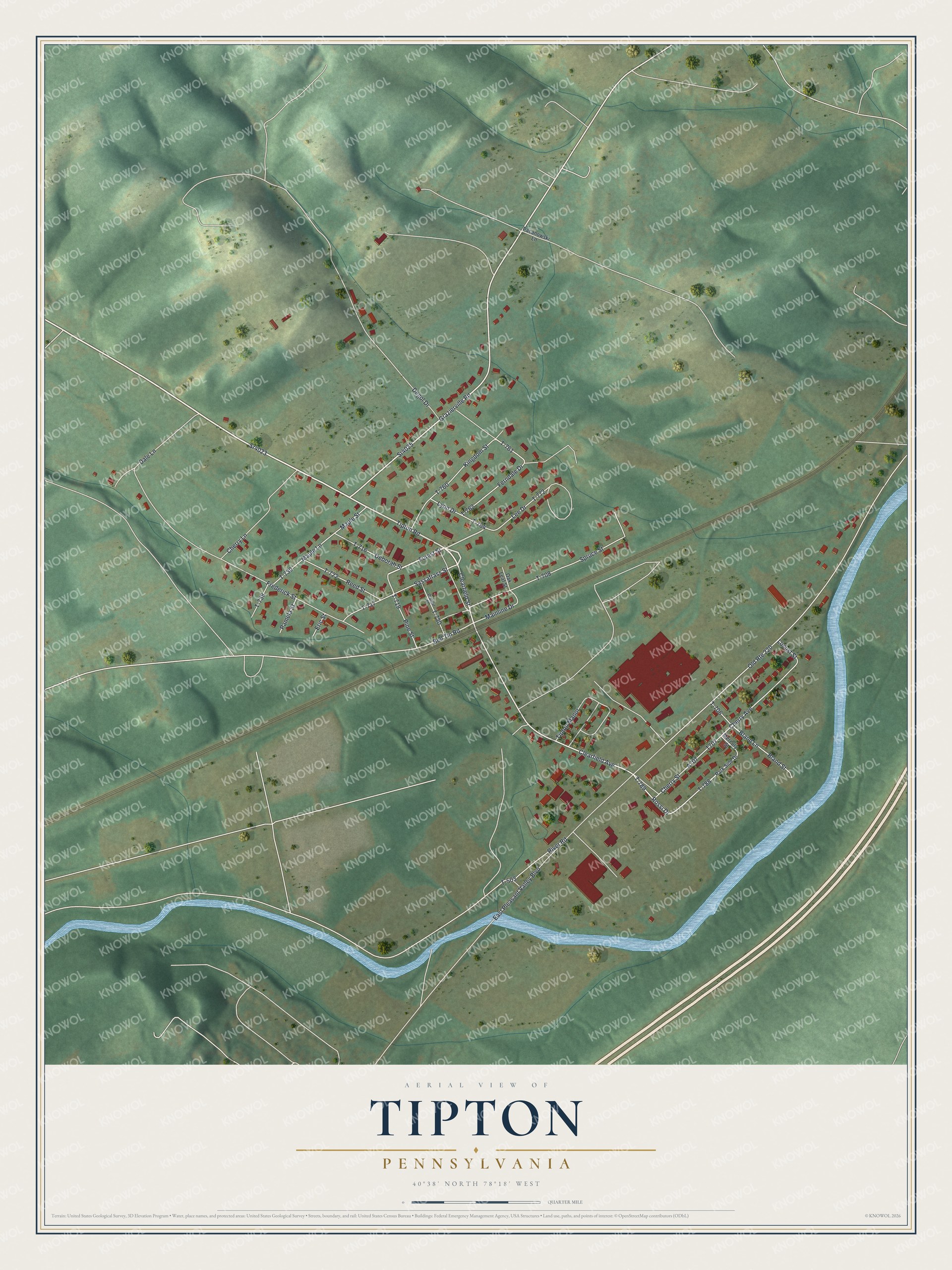 Full map of Tipton, Pennsylvania, with red buildings, printed street names and the land around them