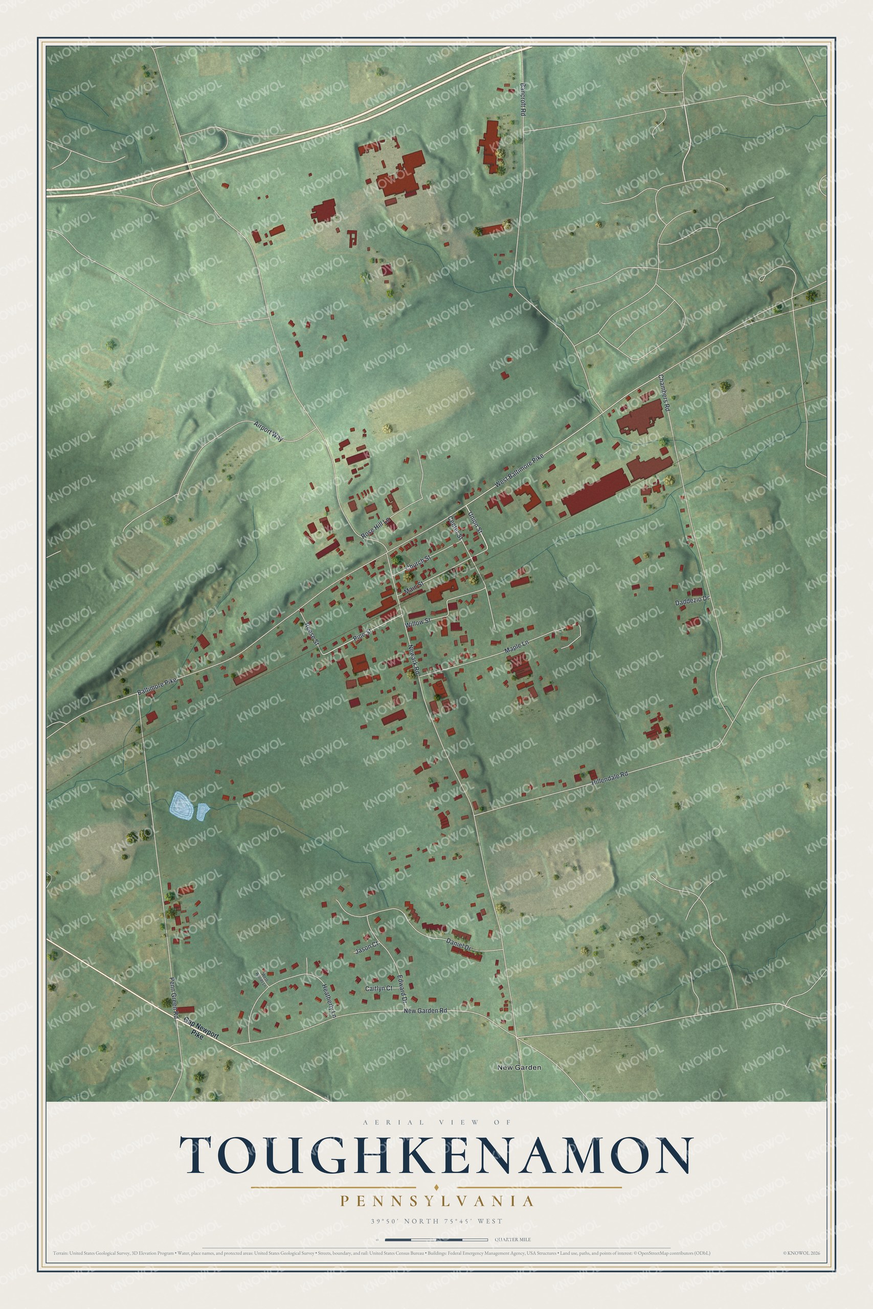 Full map of Toughkenamon, Pennsylvania, with red buildings, printed street names and the land around them