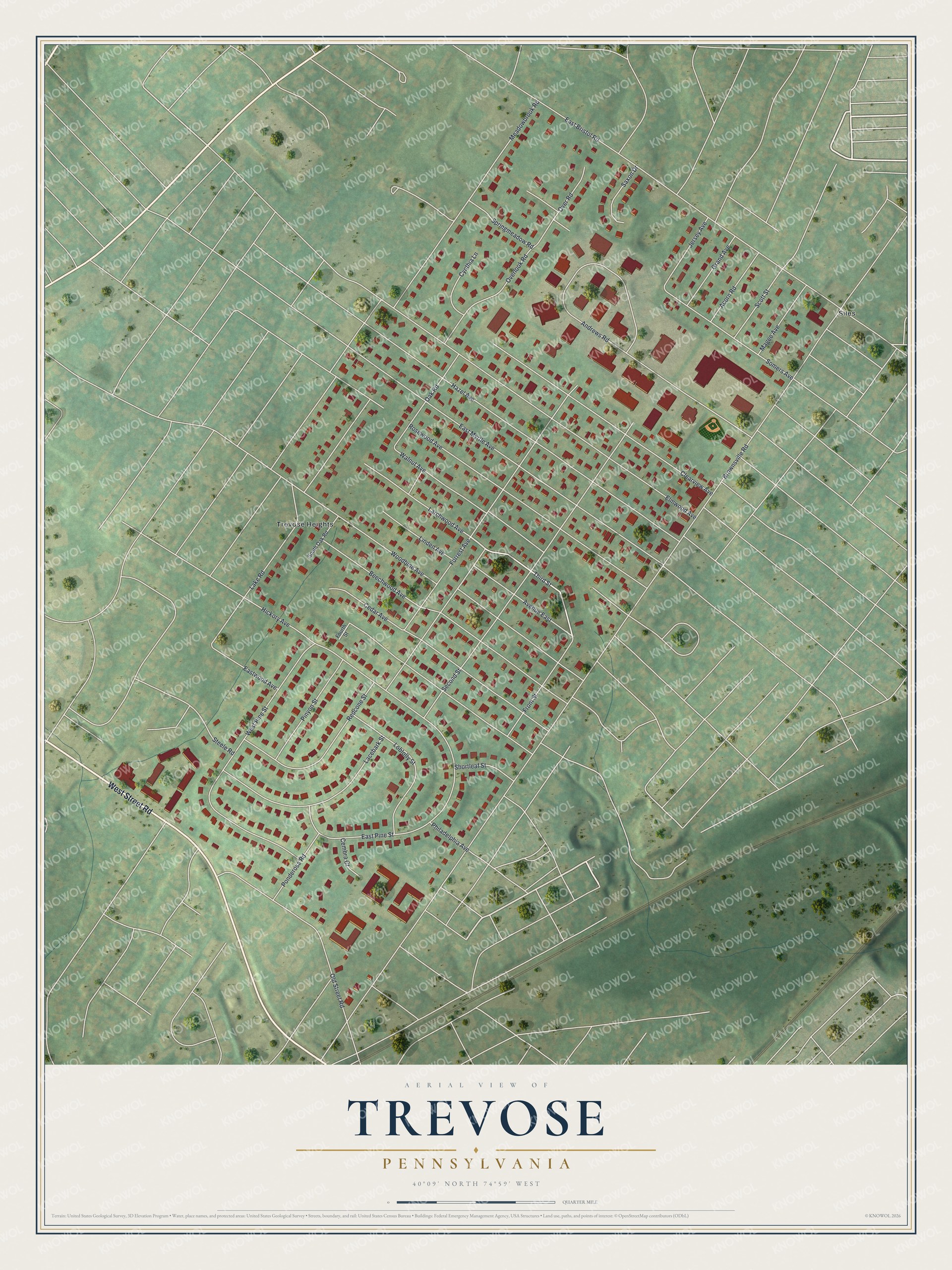 Full map of Trevose, Pennsylvania, with red buildings, printed street names and the land around them