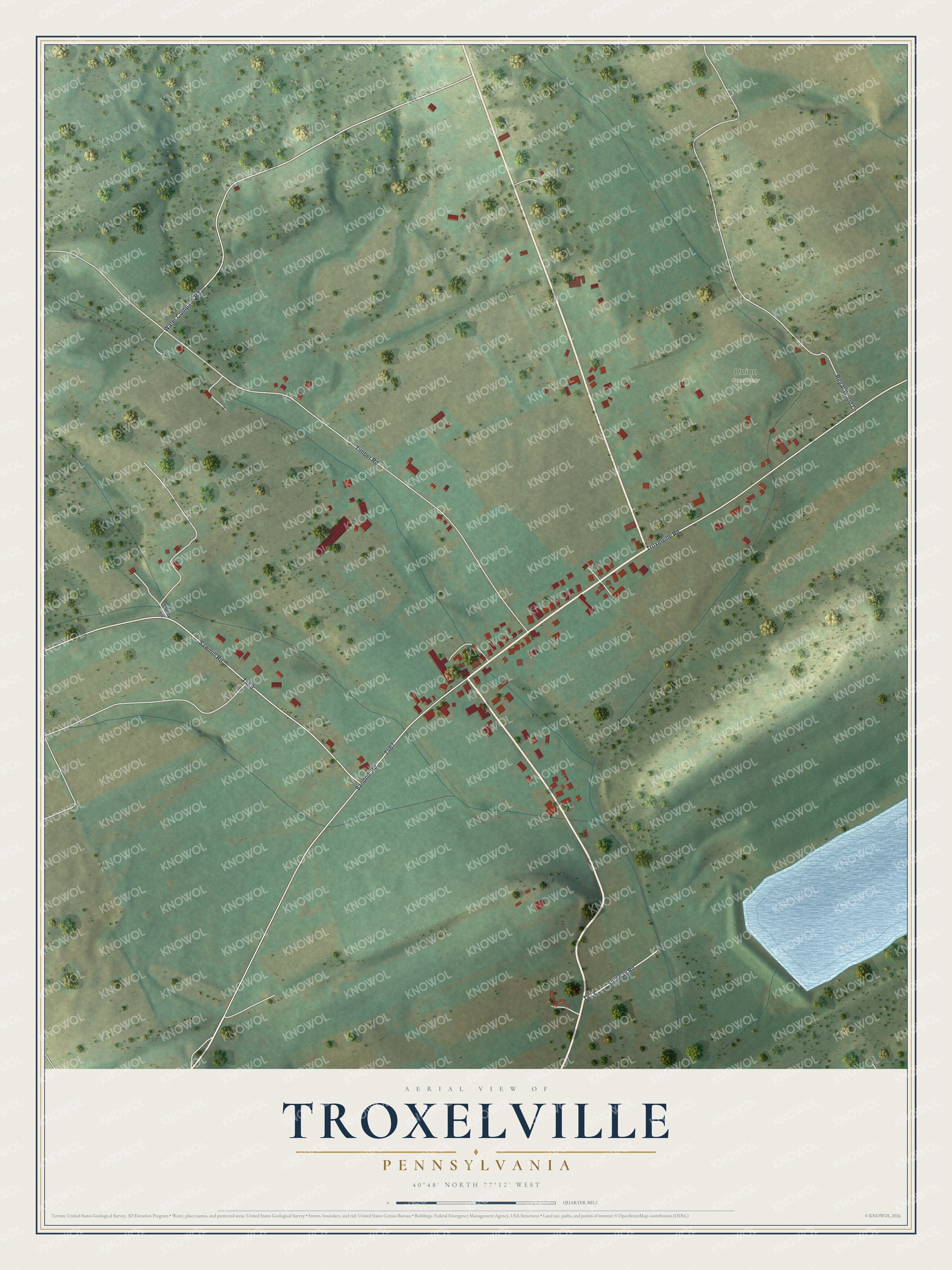 Full map of Troxelville, Pennsylvania, with red buildings, printed street names and the land around them