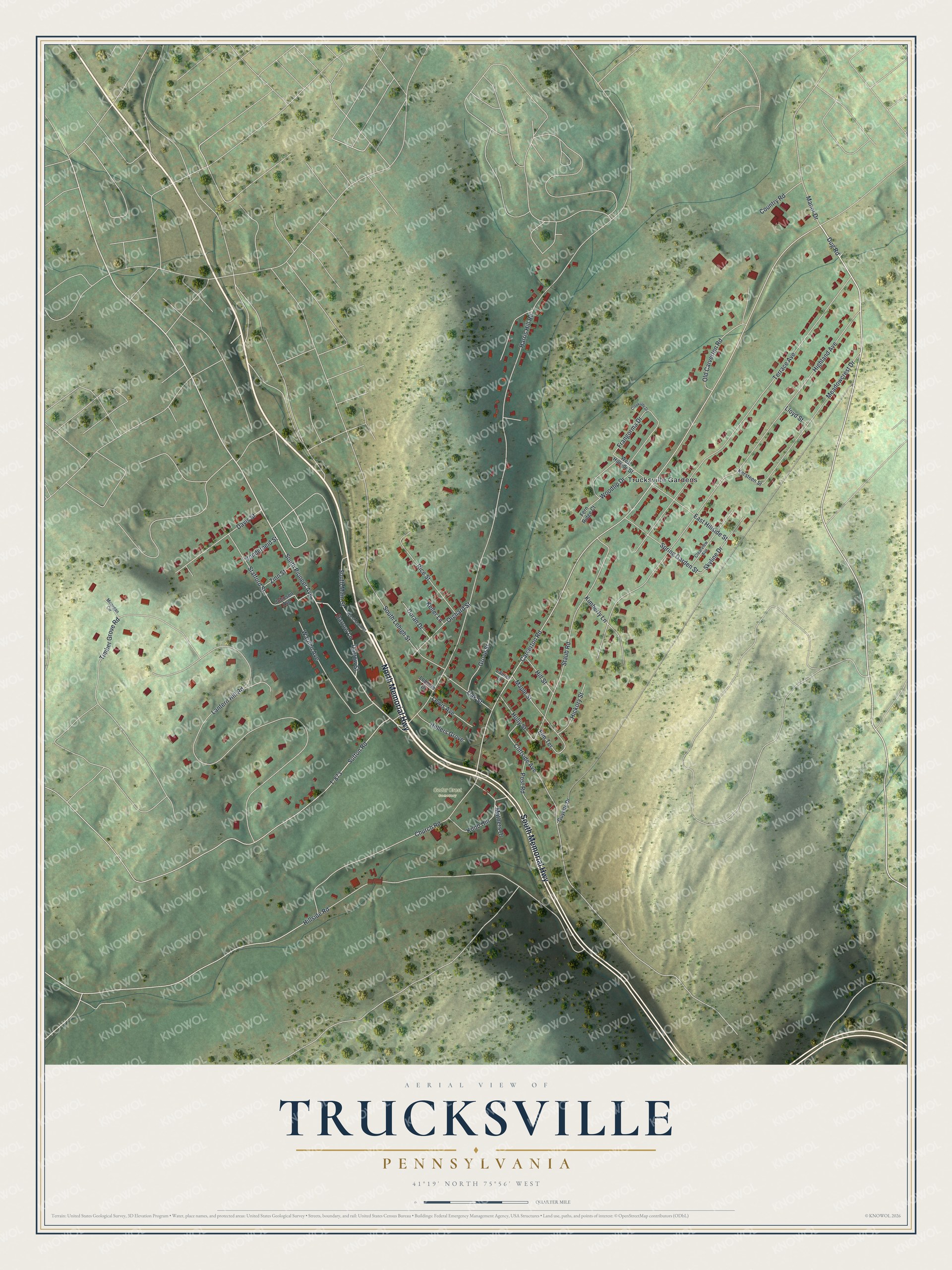 Full map of Trucksville, Pennsylvania, with red buildings, printed street names and the land around them