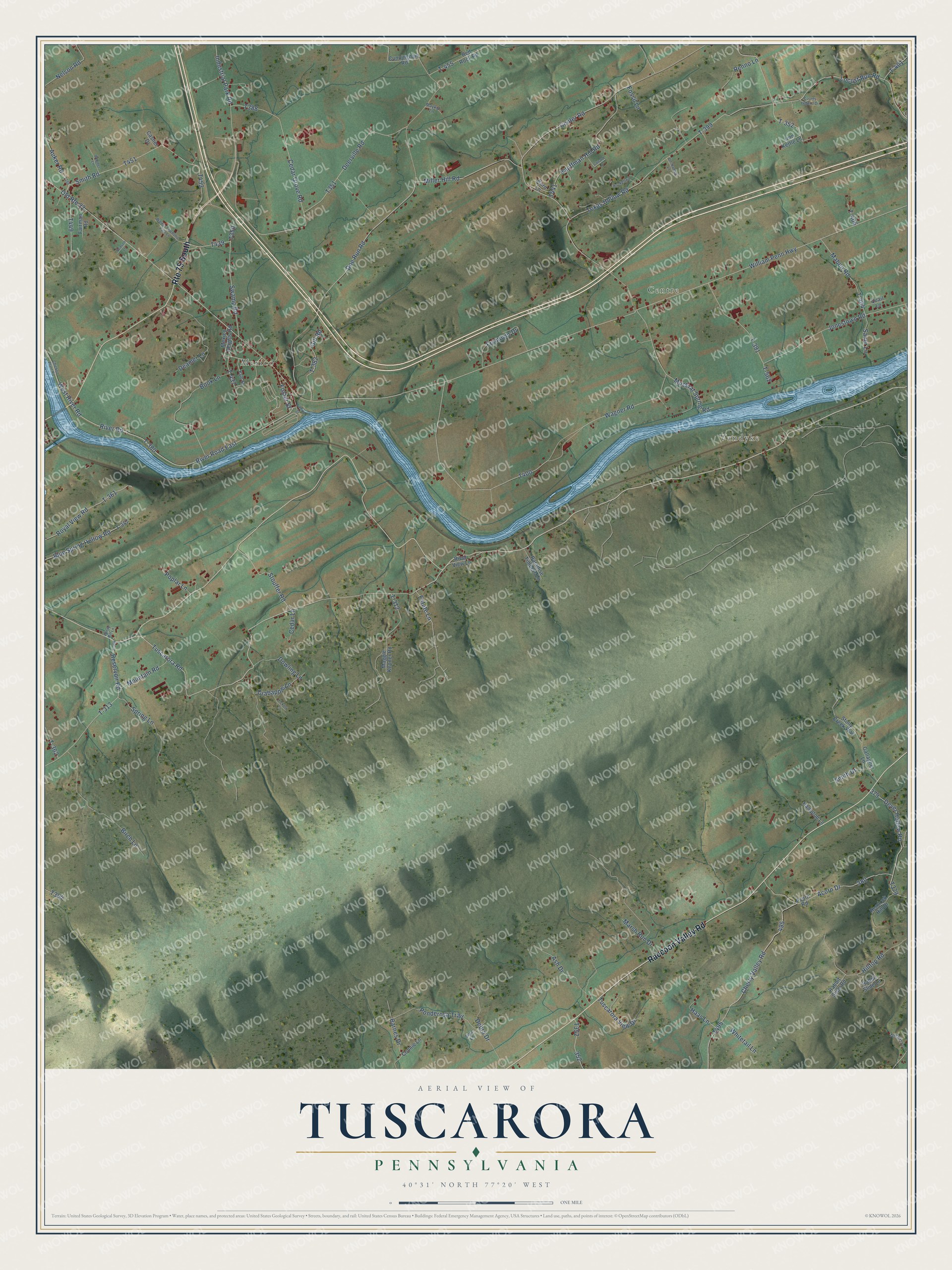 Full map of Tuscarora, Pennsylvania, with red buildings, printed street names and the land around them