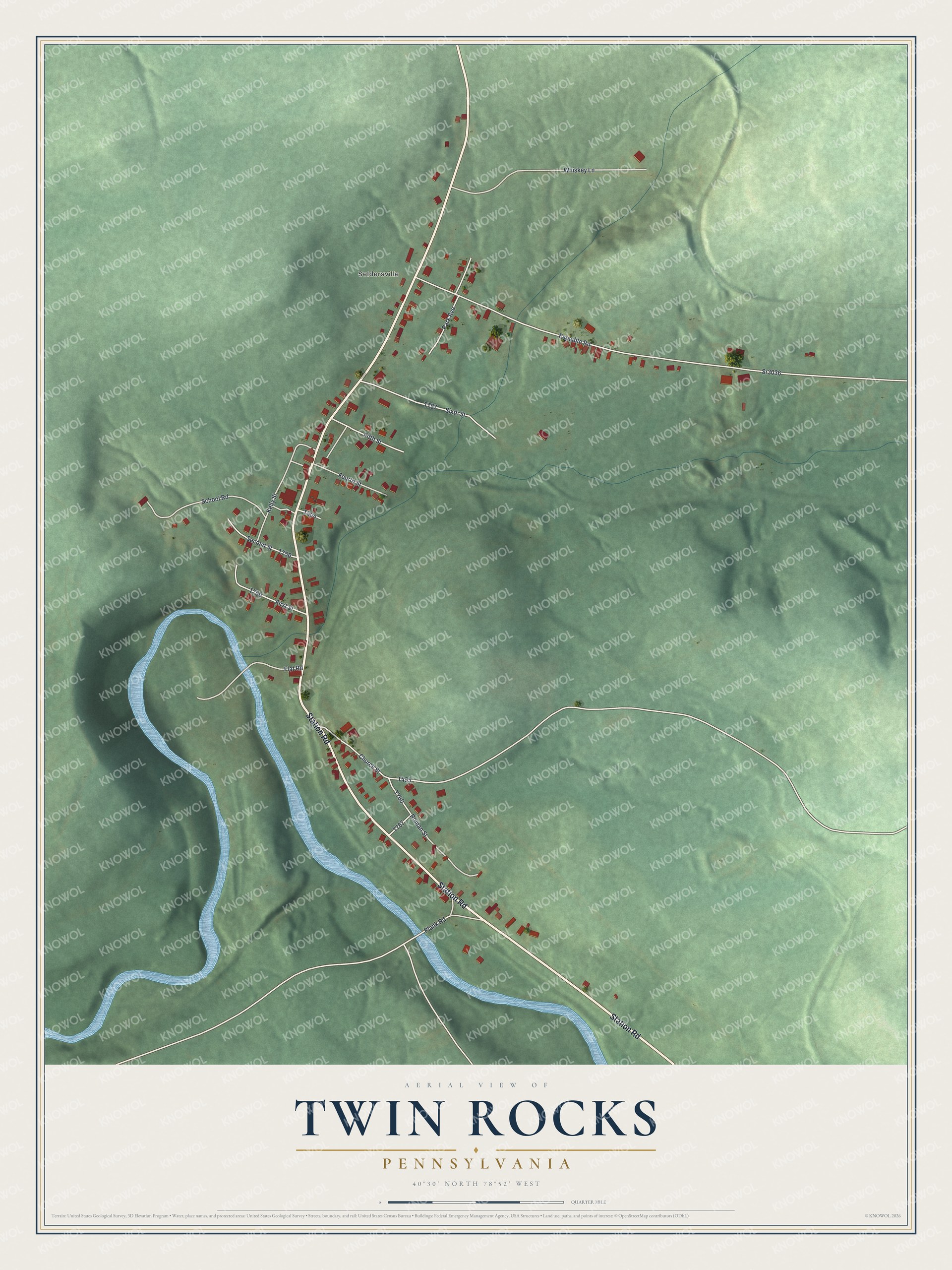 Full map of Twin Rocks, Pennsylvania, with red buildings, printed street names and the land around them
