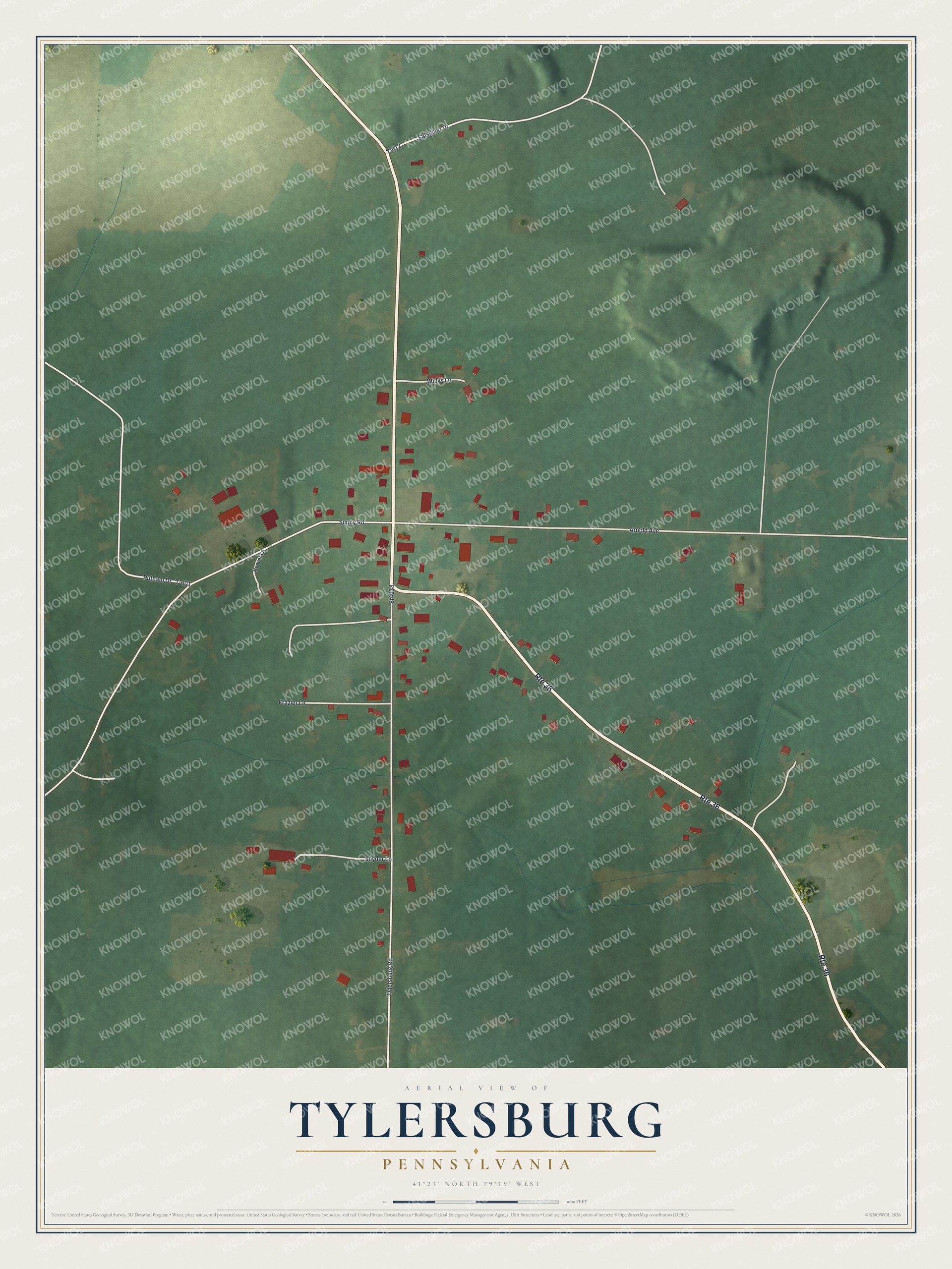 Full map of Tylersburg, Pennsylvania, with red buildings, printed street names and the land around them