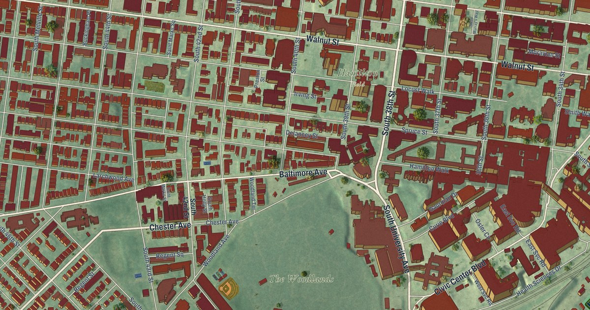 Close-up of streets and buildings in University City, Pennsylvania