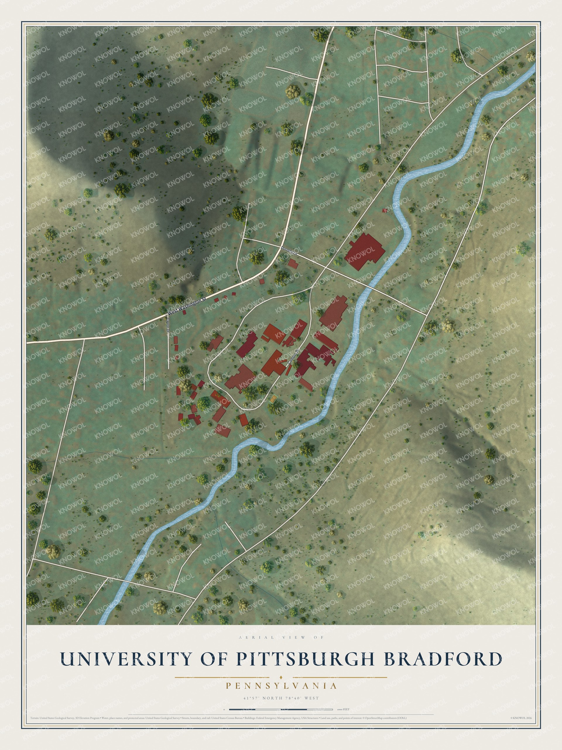 Full map of University of Pittsburgh Bradford, Pennsylvania, with red buildings, printed street names and the land around them