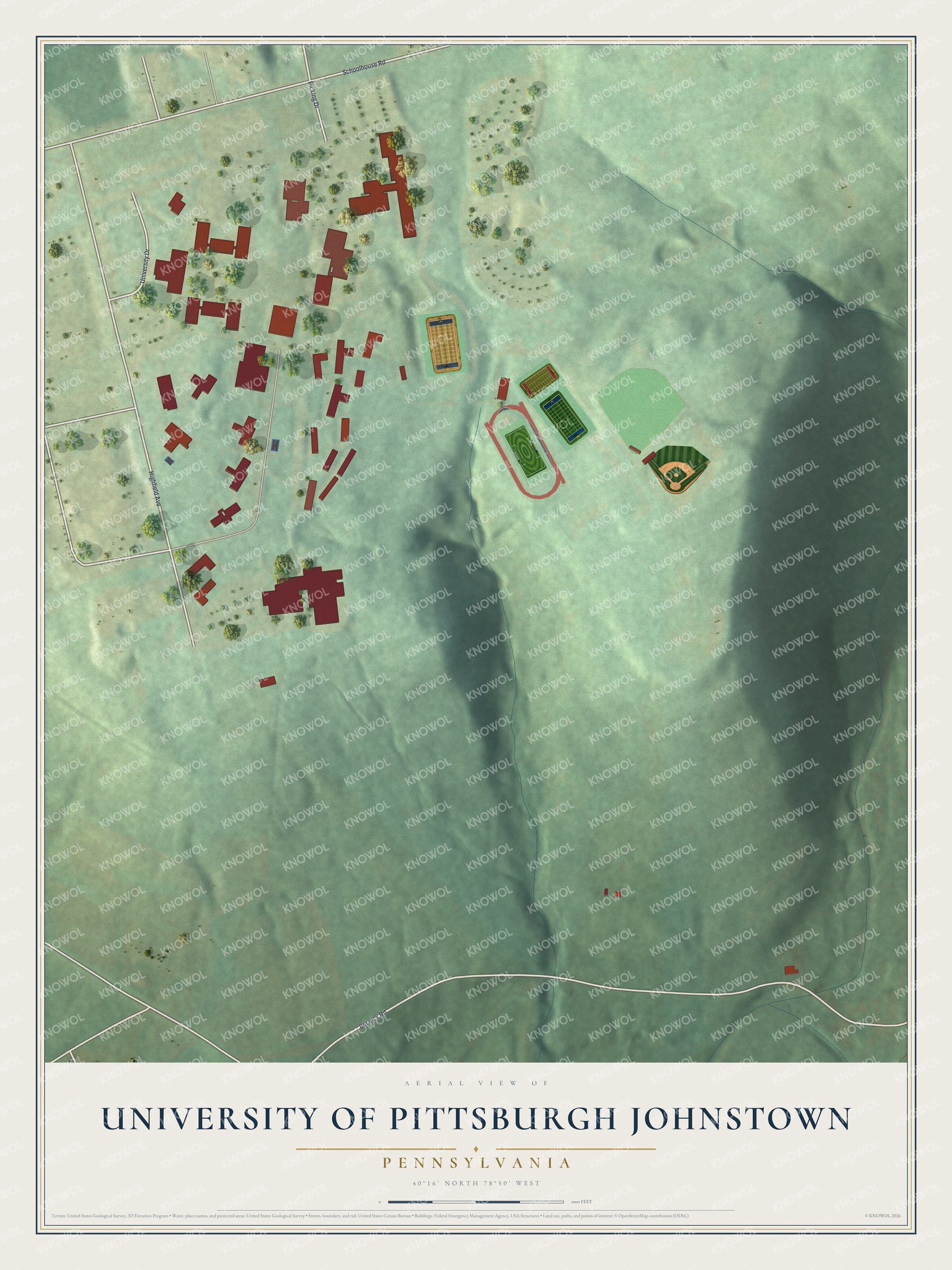 Full map of University of Pittsburgh Johnstown, Pennsylvania, with red buildings, printed street names and the land around them