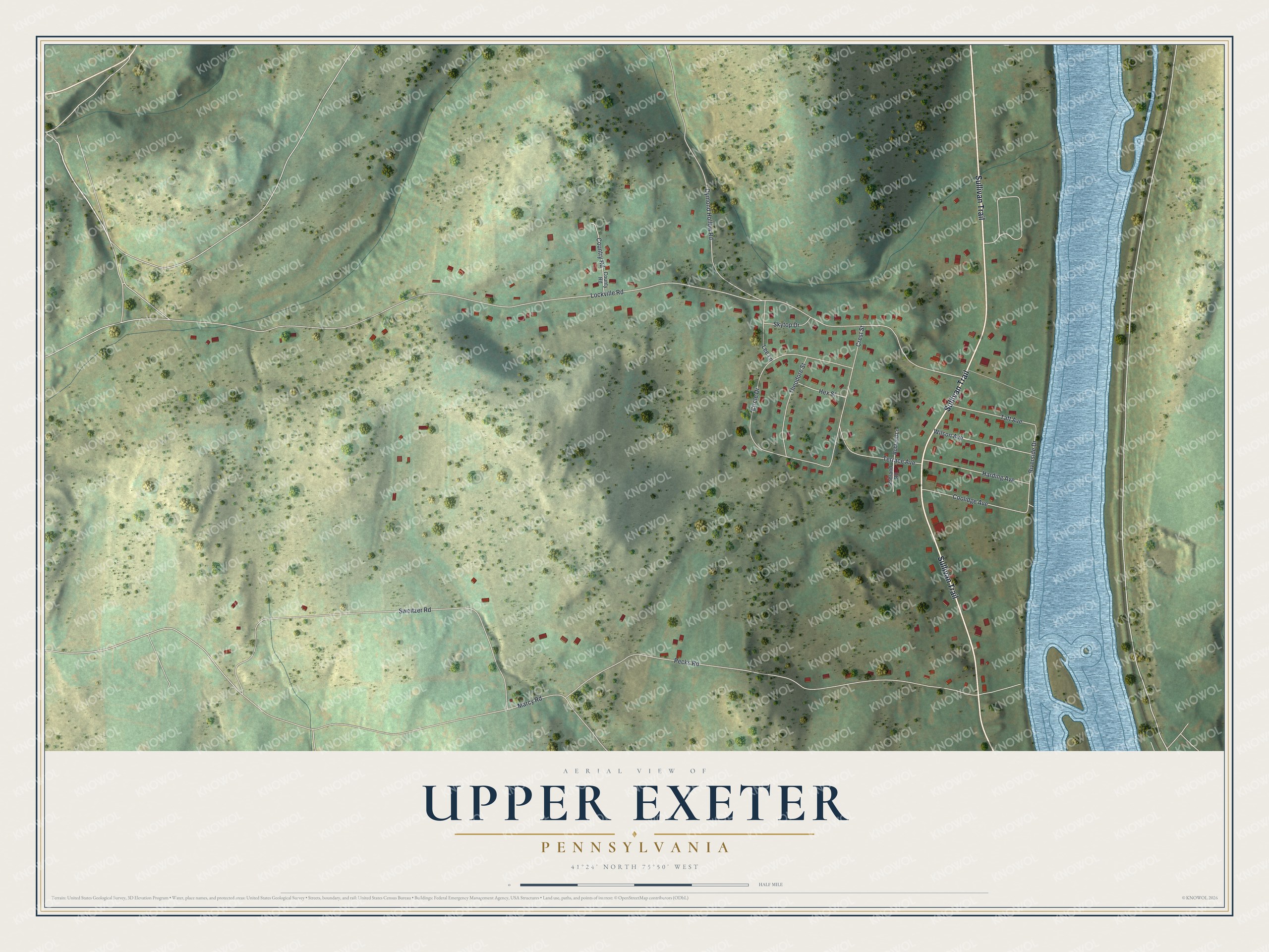 Full map of Upper Exeter, Pennsylvania, with red buildings, printed street names and the land around them