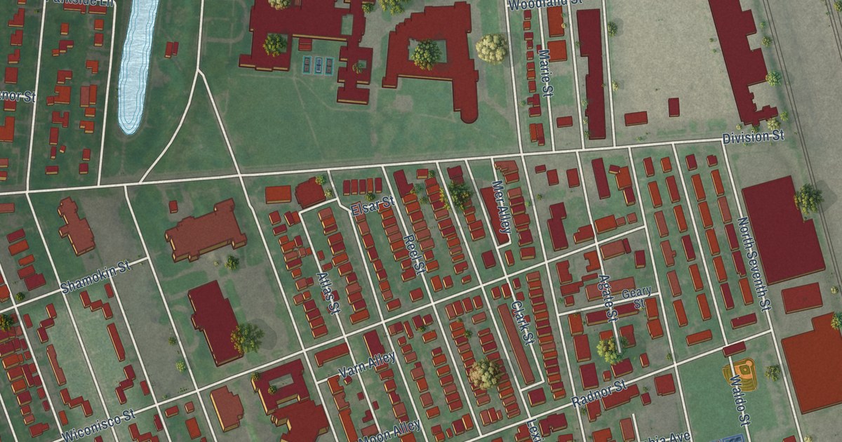 Close-up of streets and buildings in Uptown, Pennsylvania