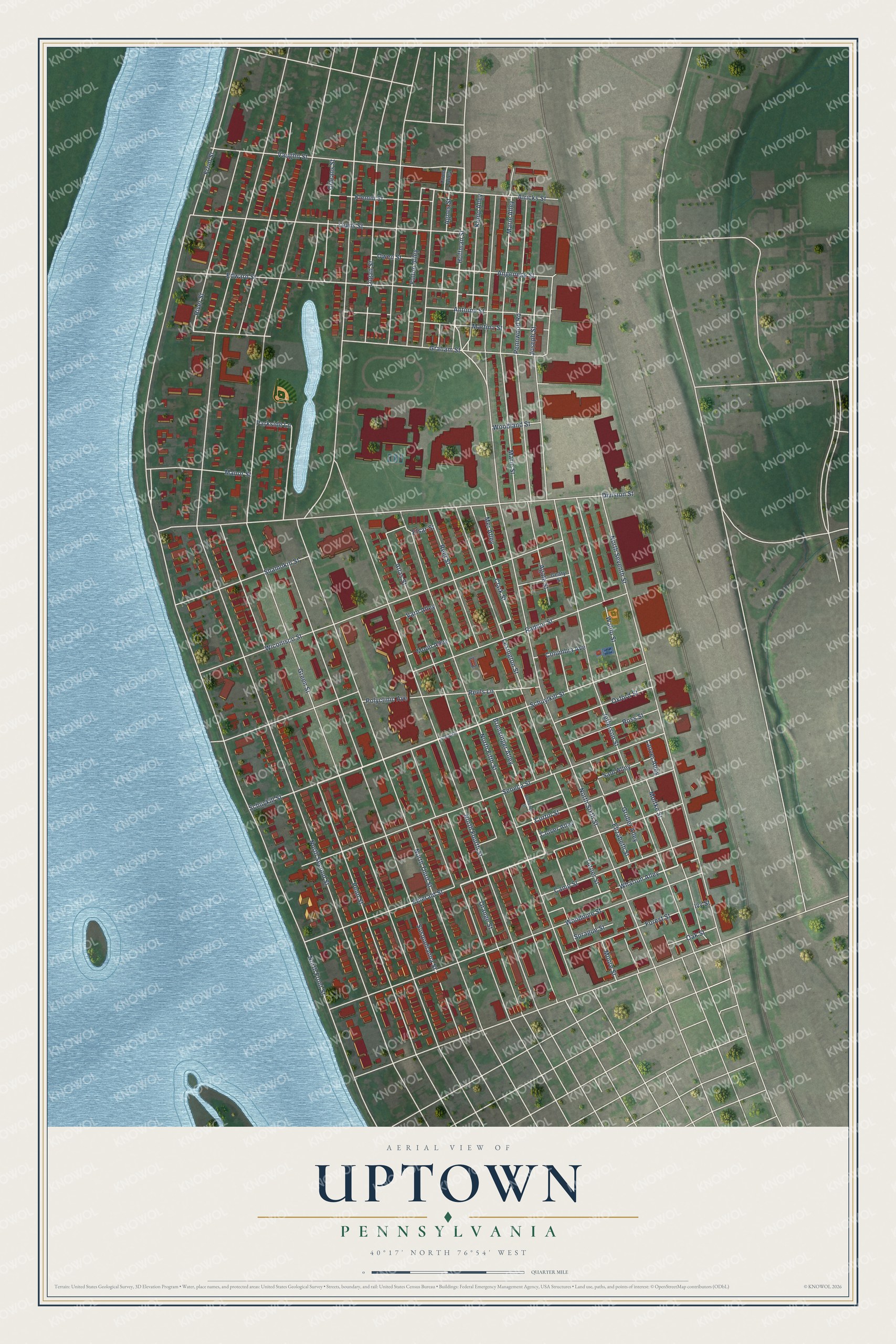 Full map of Uptown, Pennsylvania, with red buildings, printed street names and the land around them