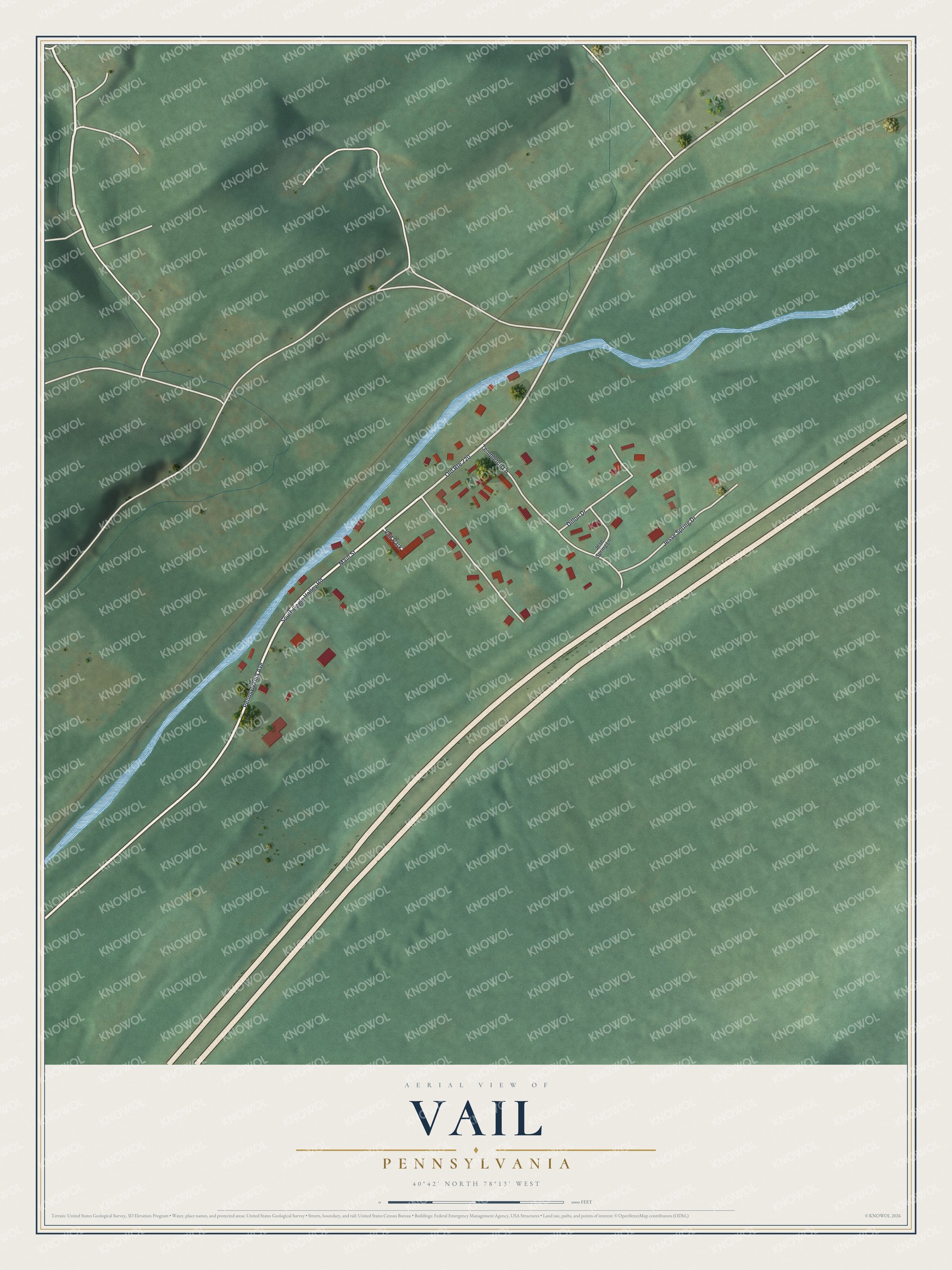 Full map of Vail, Pennsylvania, with red buildings, printed street names and the land around them