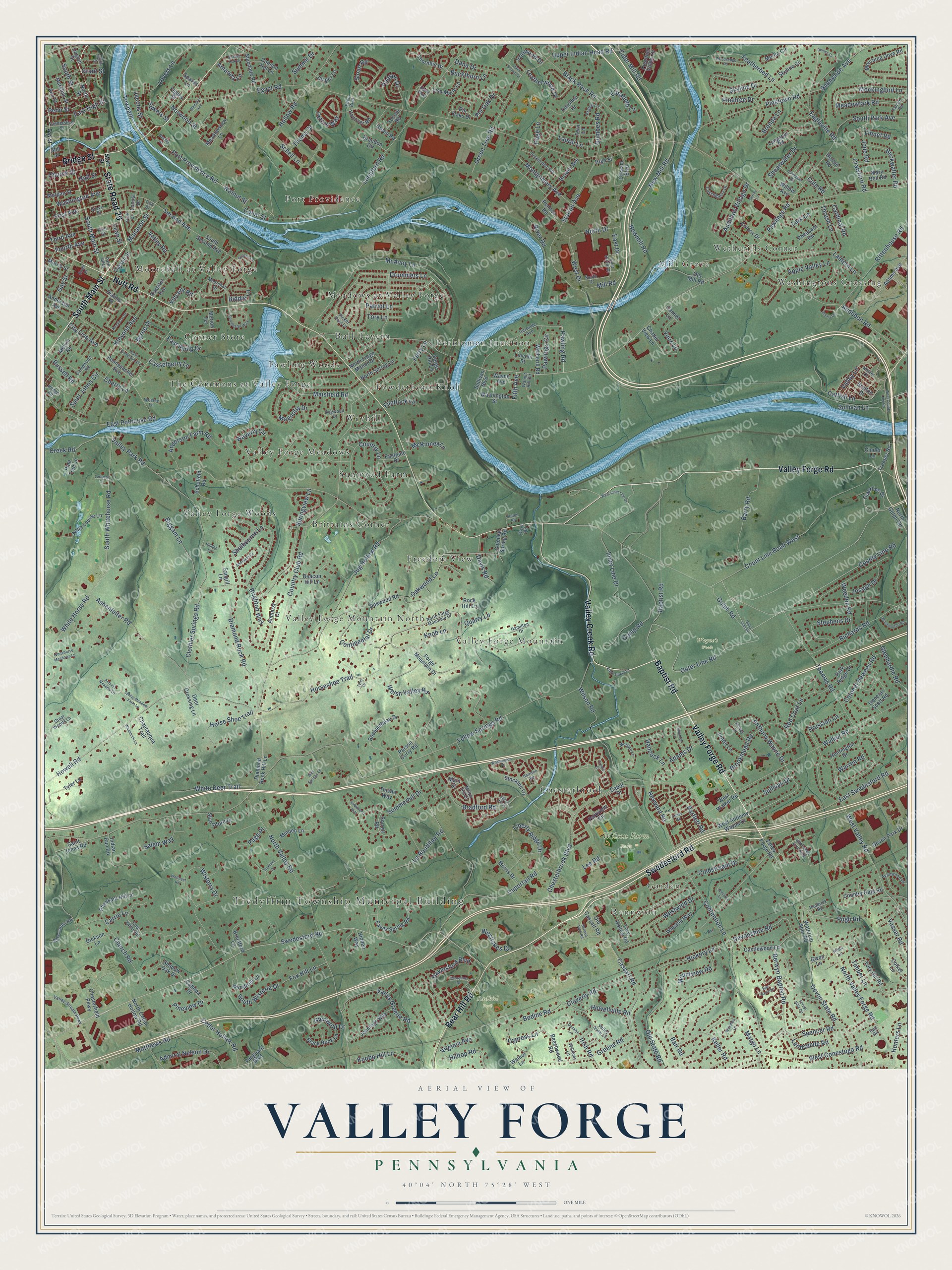 Full map of Valley Forge, Pennsylvania, with red buildings, printed street names and the land around them