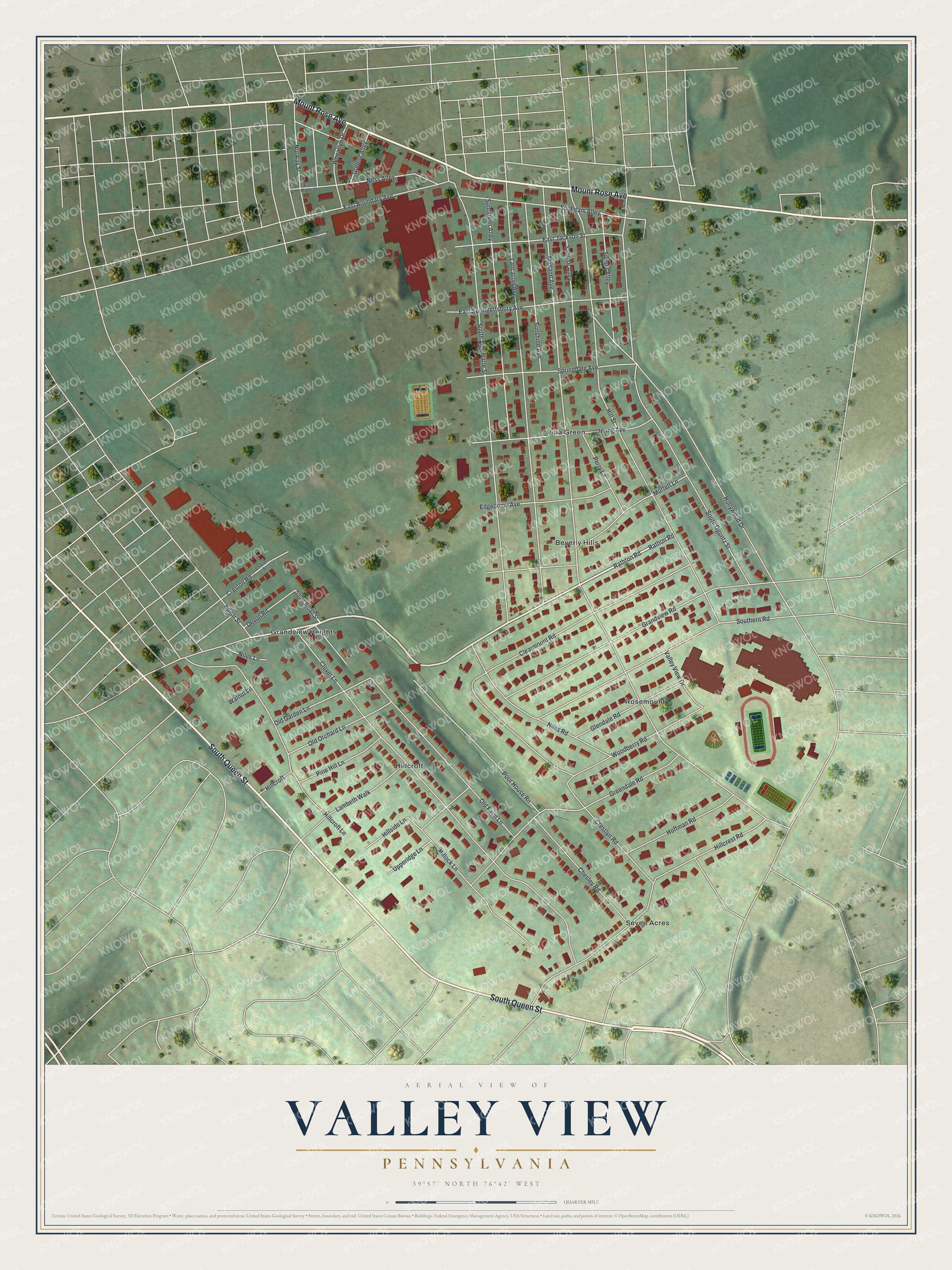 Full map of Valley View, Pennsylvania, with red buildings, printed street names and the land around them