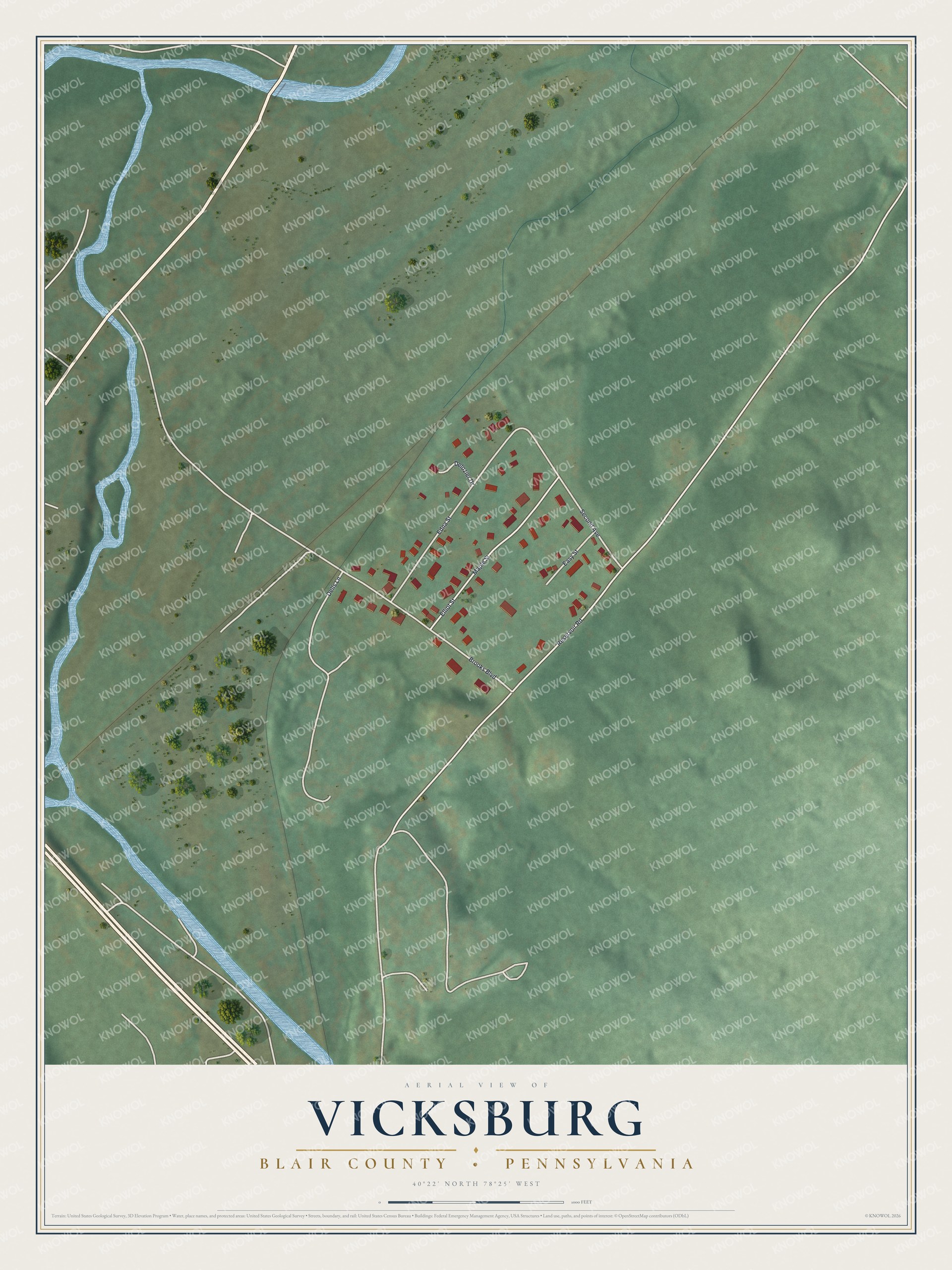 Full map of Vicksburg, Pennsylvania, with red buildings, printed street names and the land around them