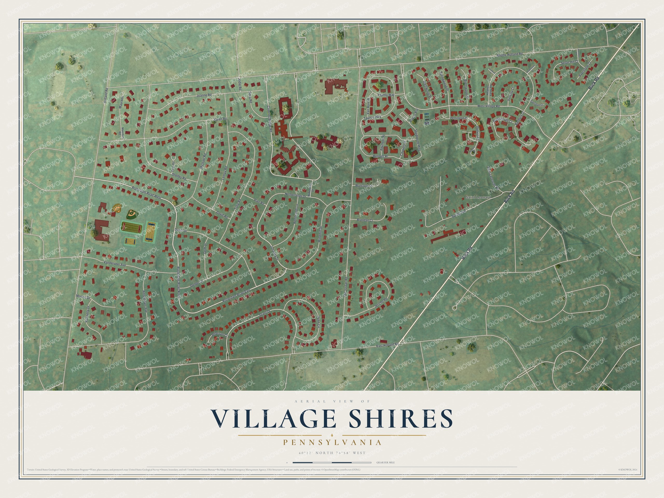 Full map of Village Shires, Pennsylvania, with red buildings, printed street names and the land around them