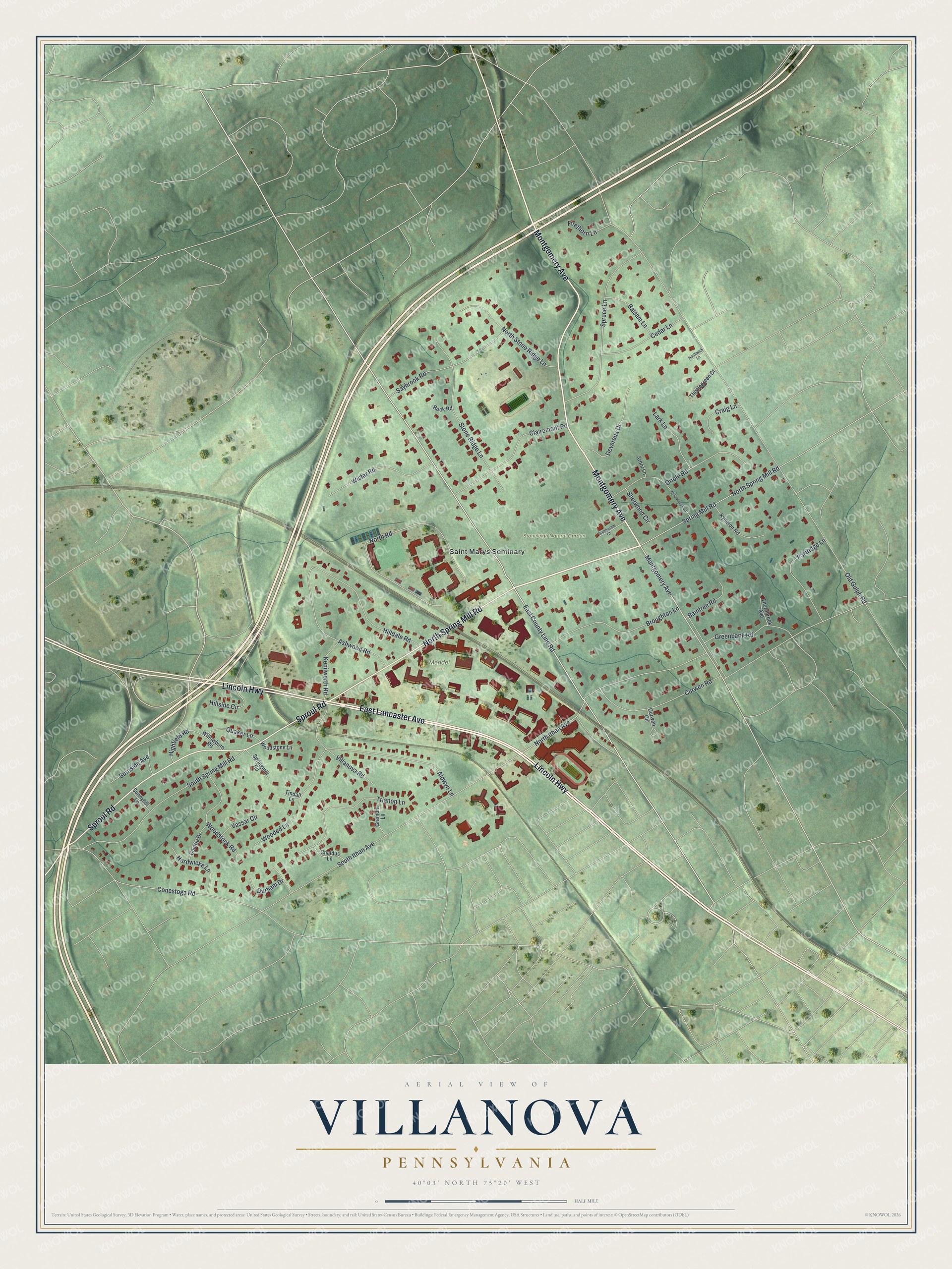 Full map of Villanova, Pennsylvania, with red buildings, printed street names and the land around them