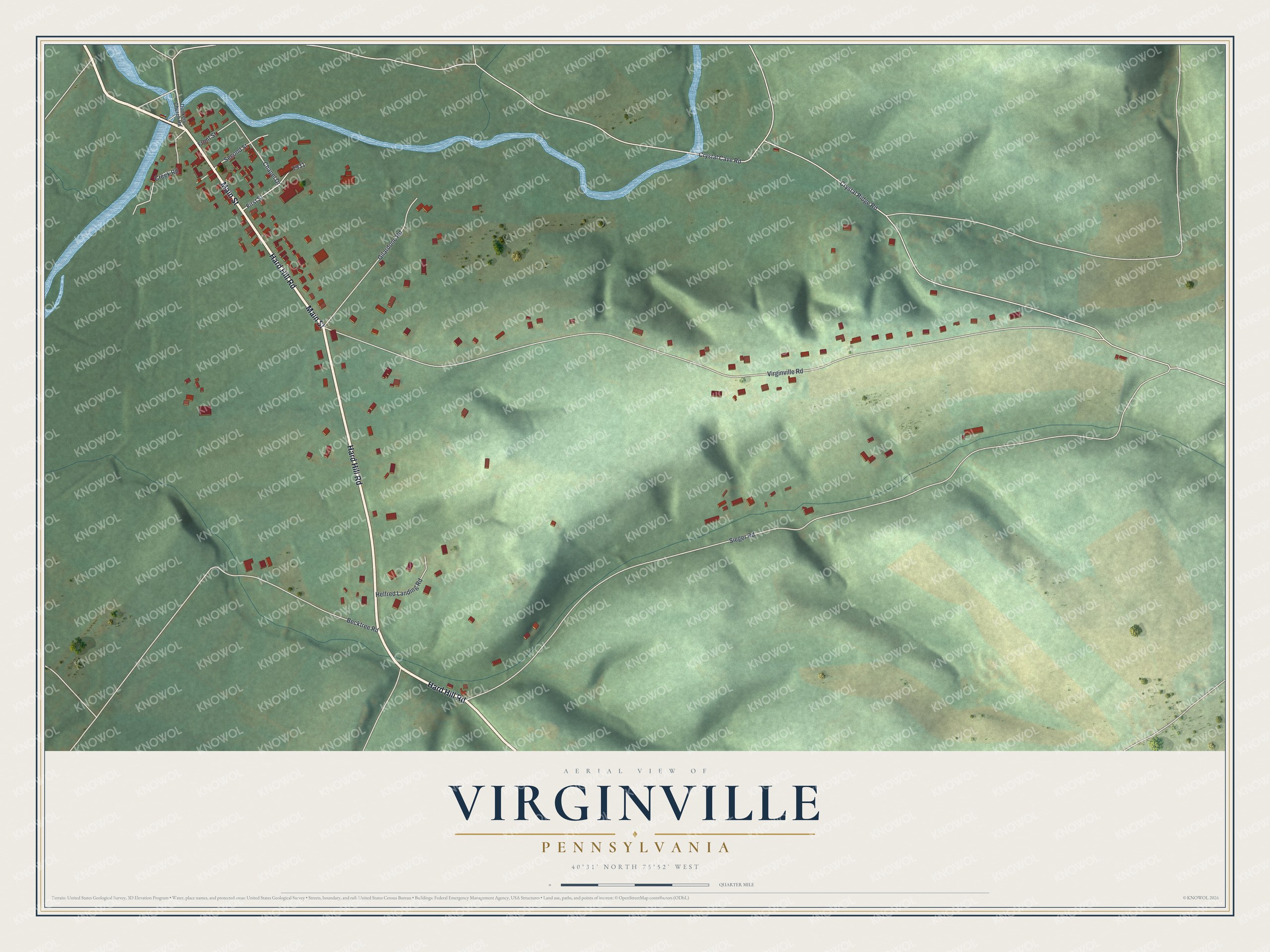 Full map of Virginville, Pennsylvania, with red buildings, printed street names and the land around them