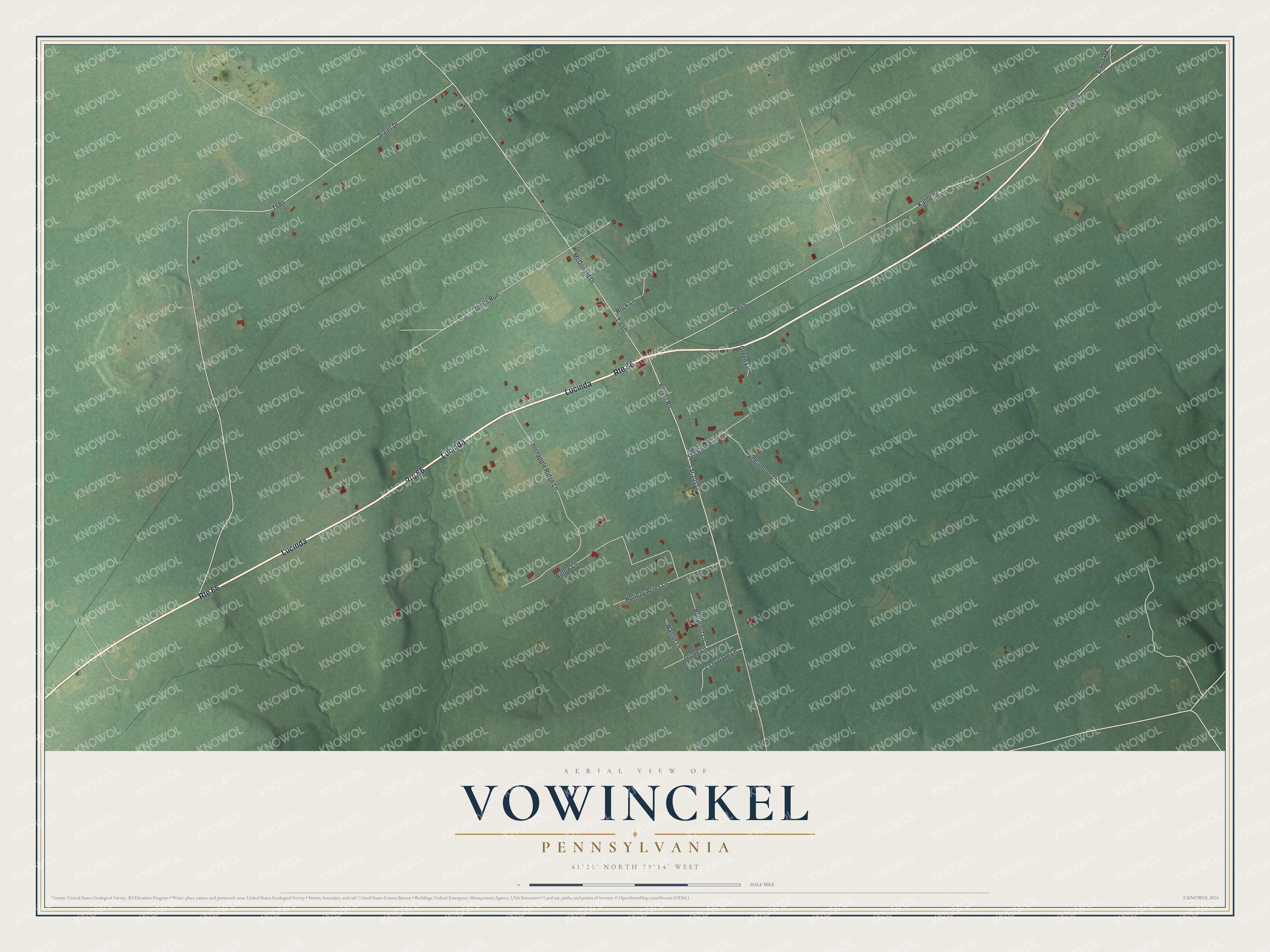 Full map of Vowinckel, Pennsylvania, with red buildings, printed street names and the land around them