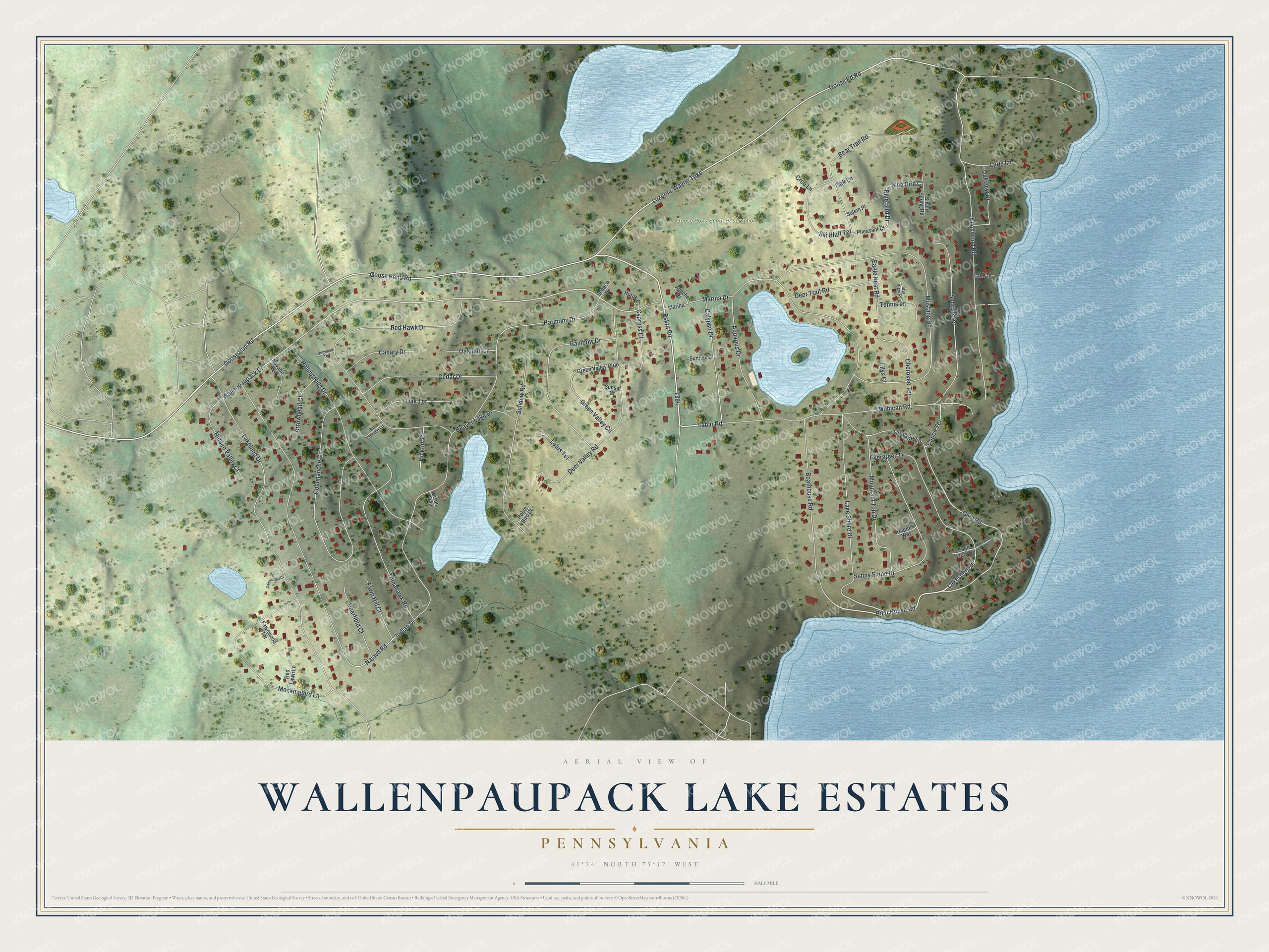 Full map of Wallenpaupack Lake Estates, Pennsylvania, with red buildings, printed street names and the land around them