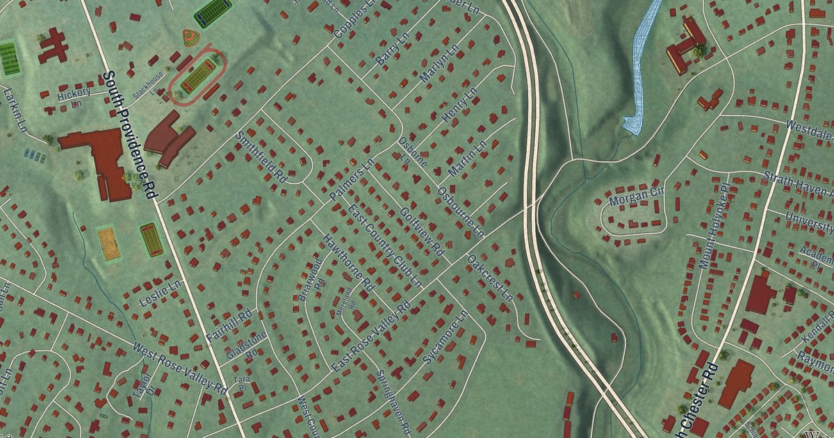 Close-up of streets and buildings in Wallingford, Pennsylvania