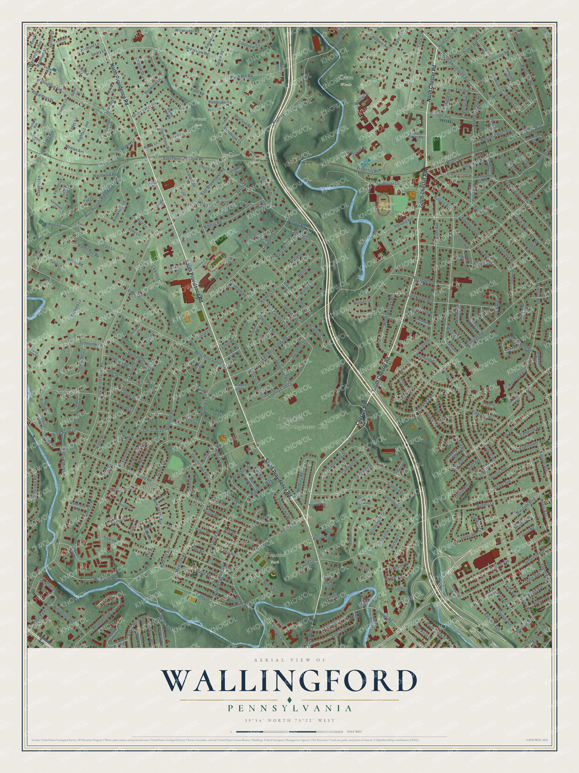 Full map of Wallingford, Pennsylvania, with red buildings, printed street names and the land around them