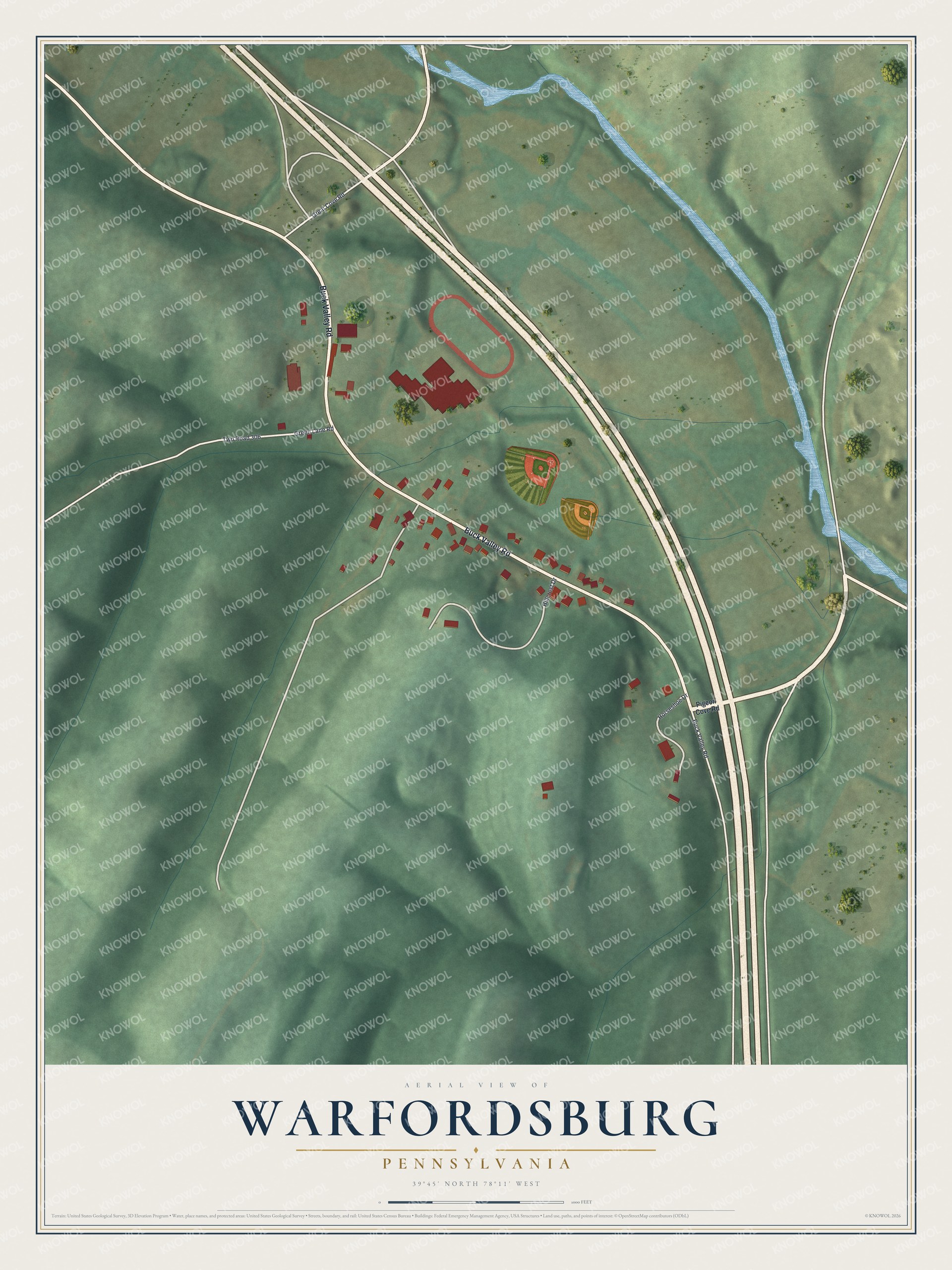 Full map of Warfordsburg, Pennsylvania, with red buildings, printed street names and the land around them