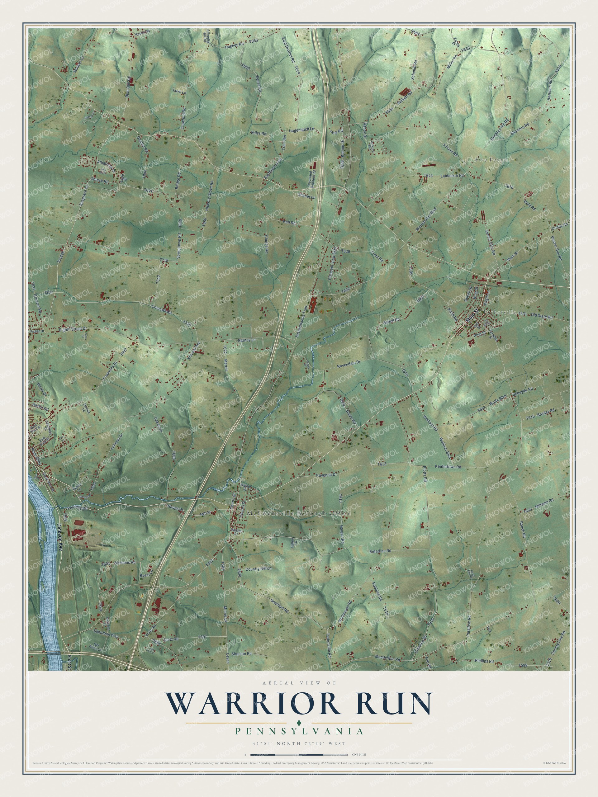 Full map of Warrior Run, Pennsylvania, with red buildings, printed street names and the land around them