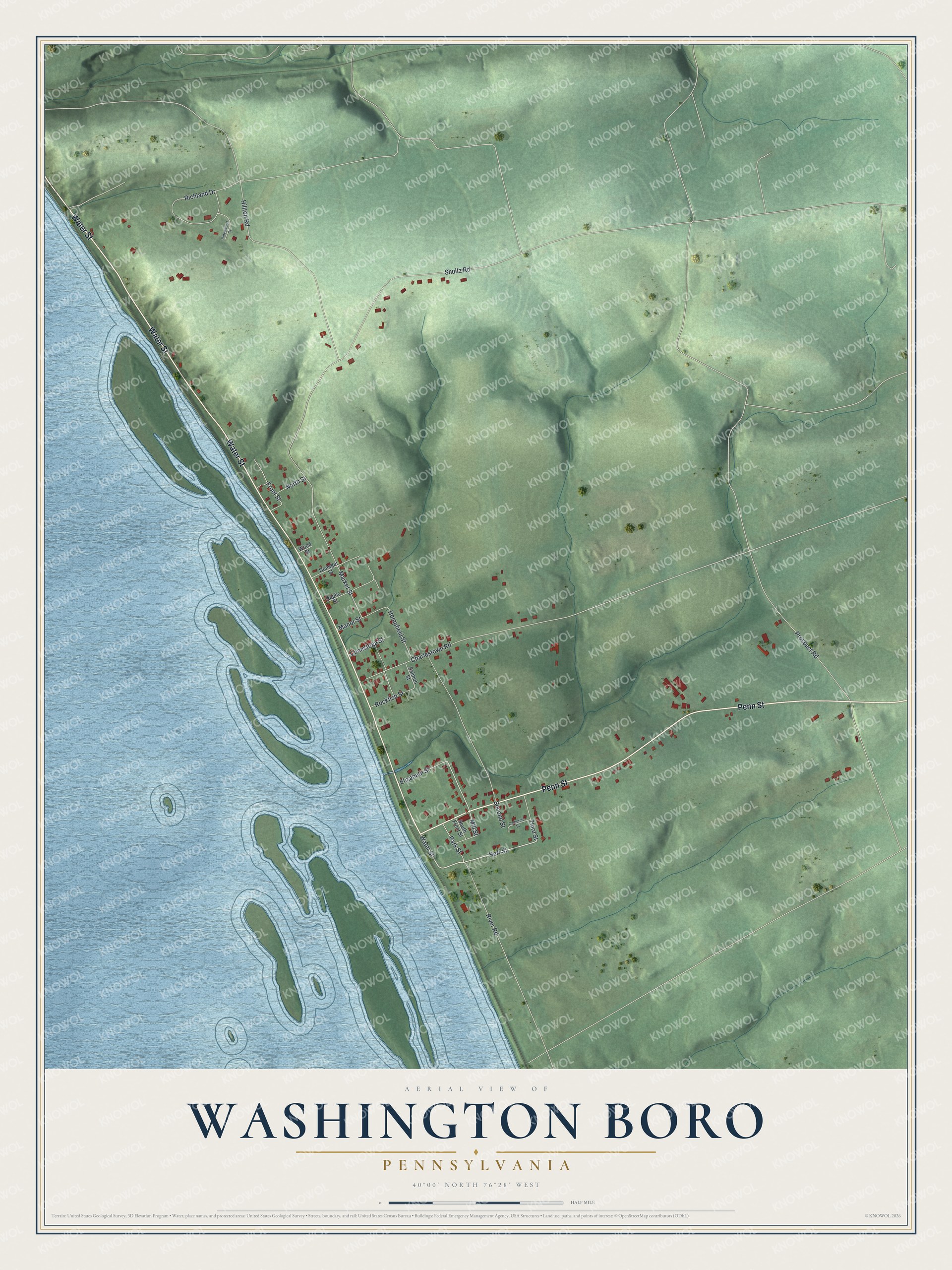 Full map of Washington Boro, Pennsylvania, with red buildings, printed street names and the land around them
