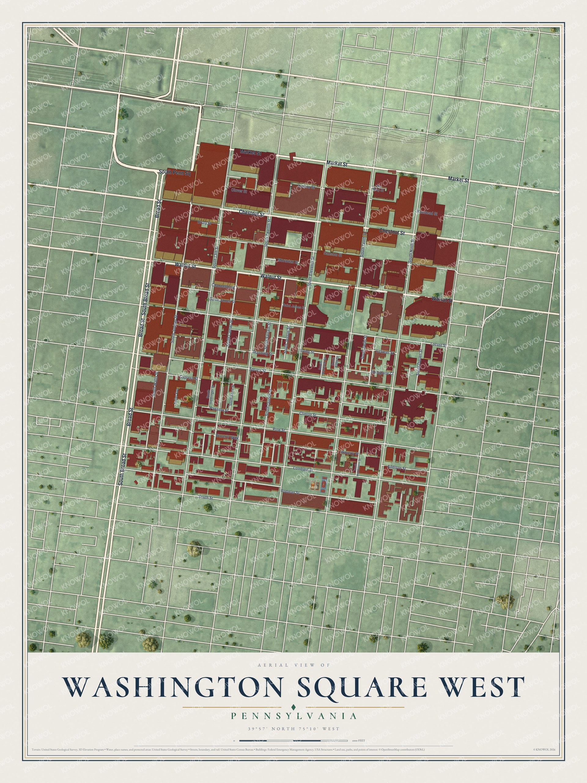 Full map of Washington Square West, Pennsylvania, with red buildings, printed street names and the land around them