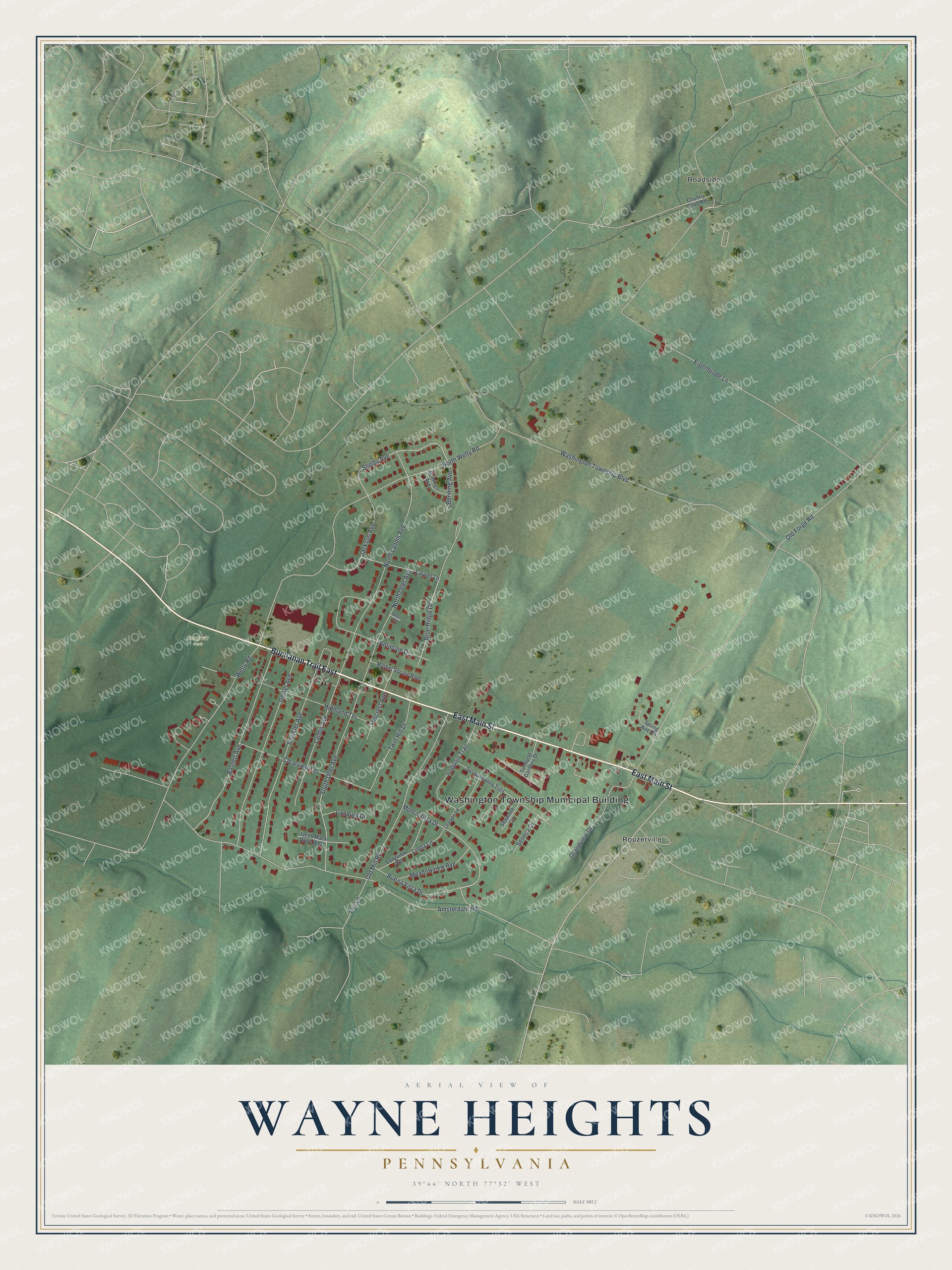Full map of Wayne Heights, Pennsylvania, with red buildings, printed street names and the land around them