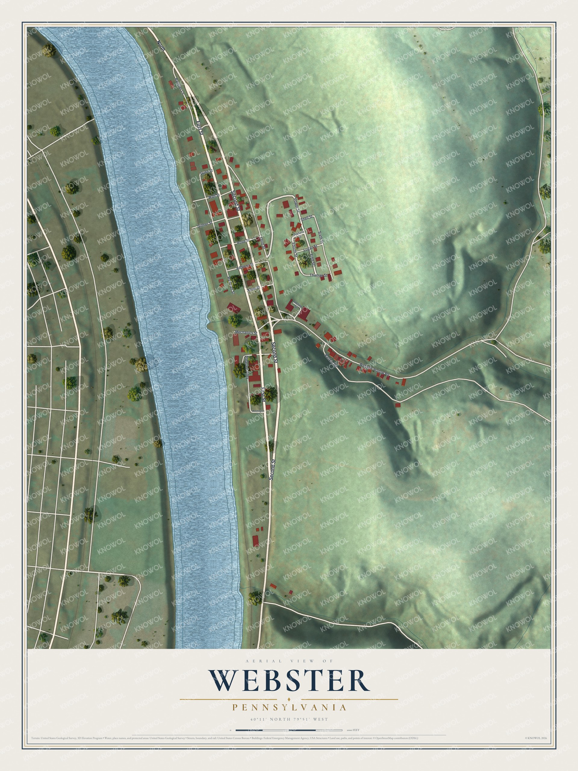 Full map of Webster, Pennsylvania, with red buildings, printed street names and the land around them