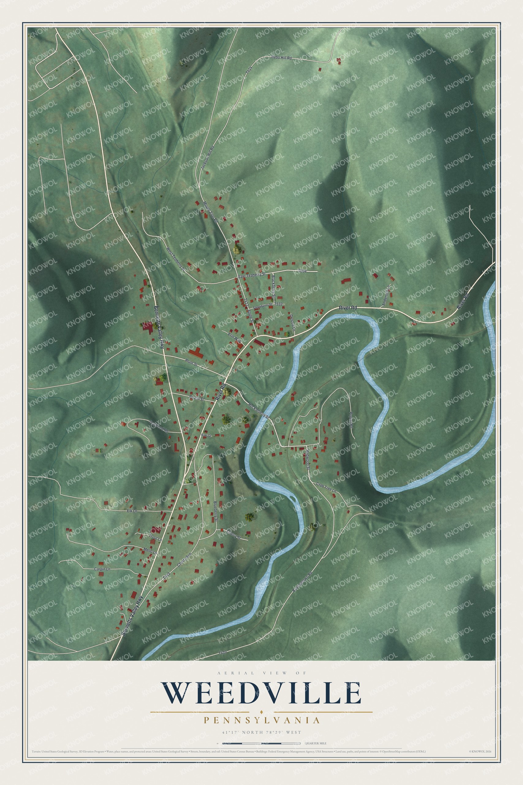 Full map of Weedville, Pennsylvania, with red buildings, printed street names and the land around them
