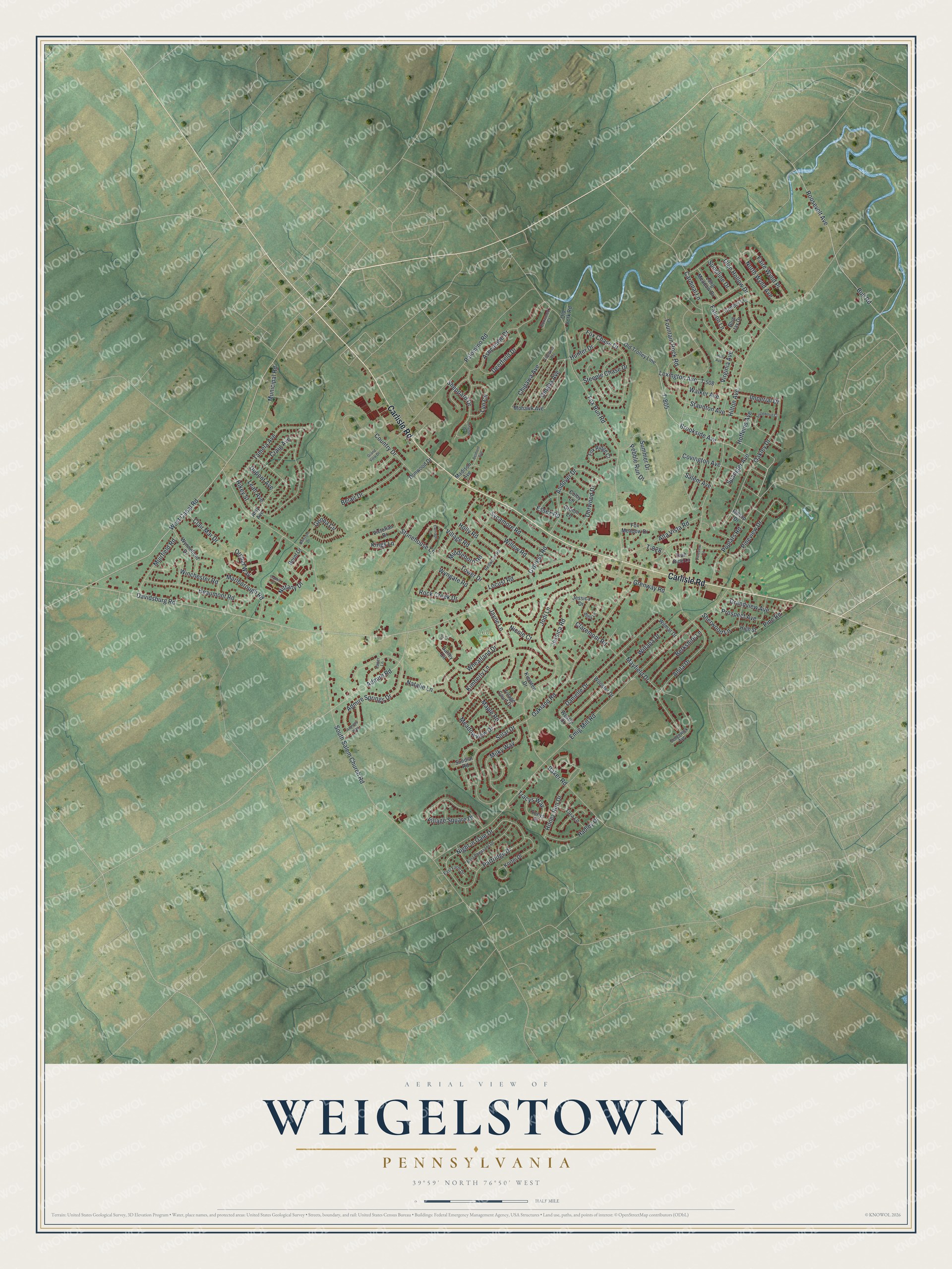 Full map of Weigelstown, Pennsylvania, with red buildings, printed street names and the land around them