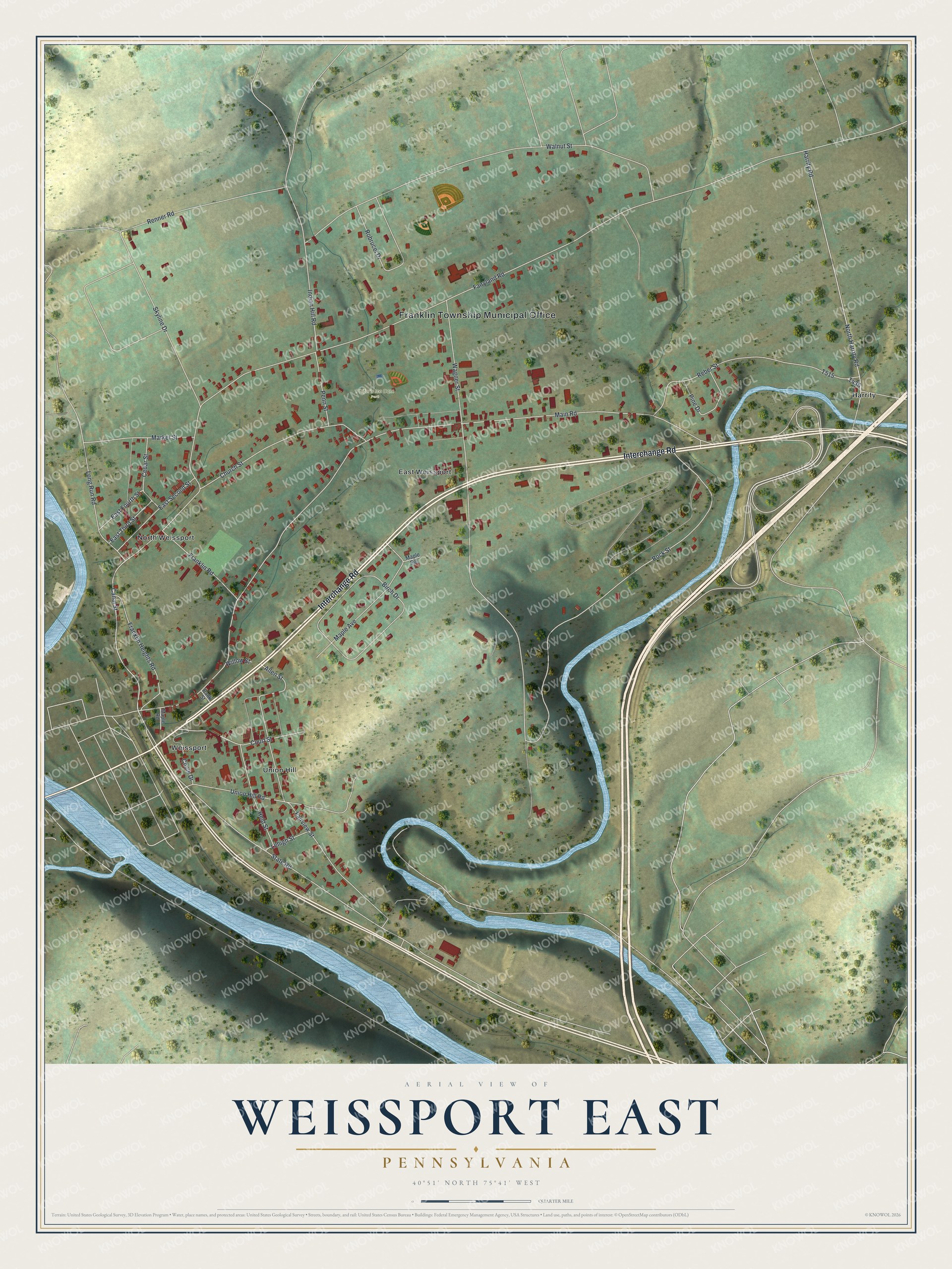Full map of Weissport East, Pennsylvania, with red buildings, printed street names and the land around them