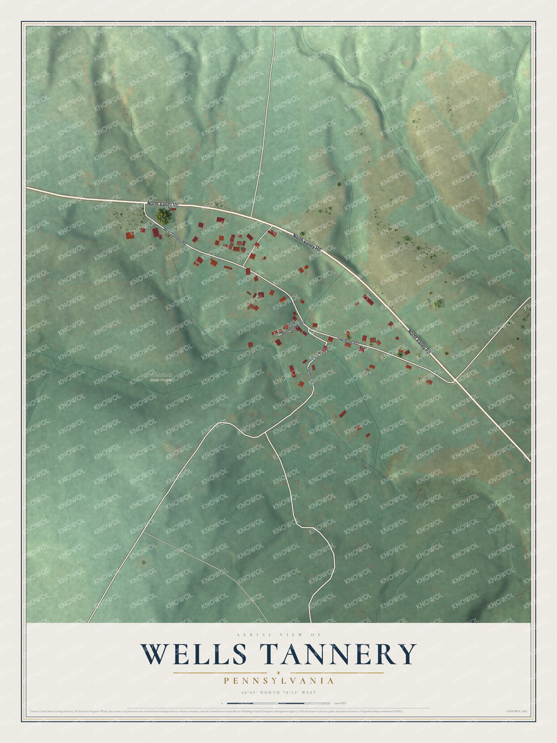 Full map of Wells Tannery, Pennsylvania, with red buildings, printed street names and the land around them