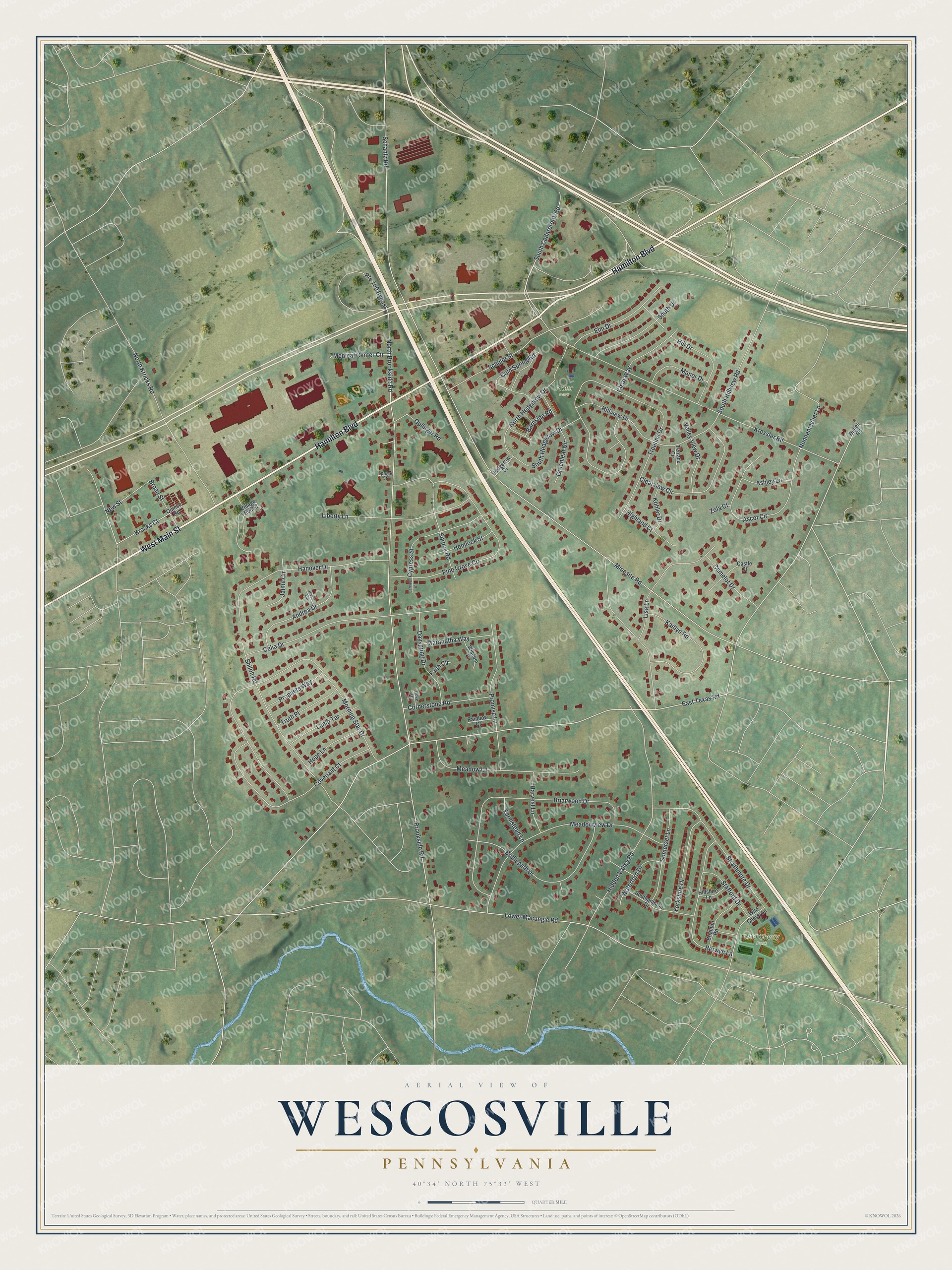Full map of Wescosville, Pennsylvania, with red buildings, printed street names and the land around them
