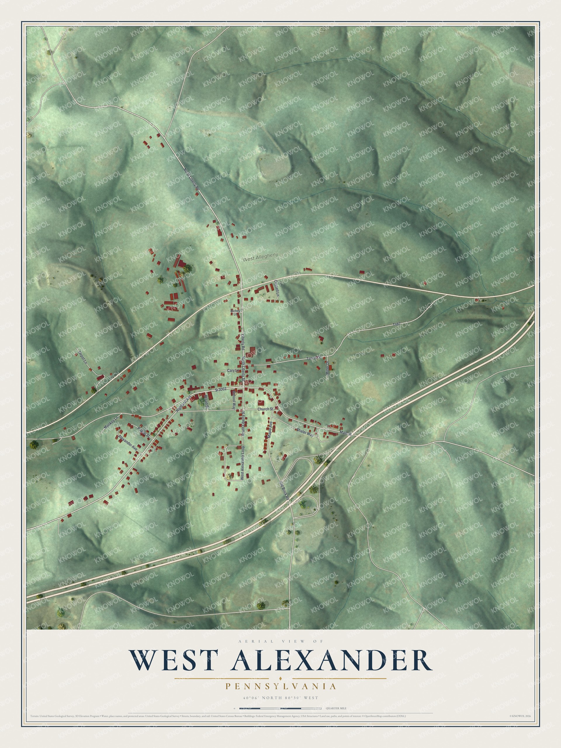Full map of West Alexander, Pennsylvania, with red buildings, printed street names and the land around them