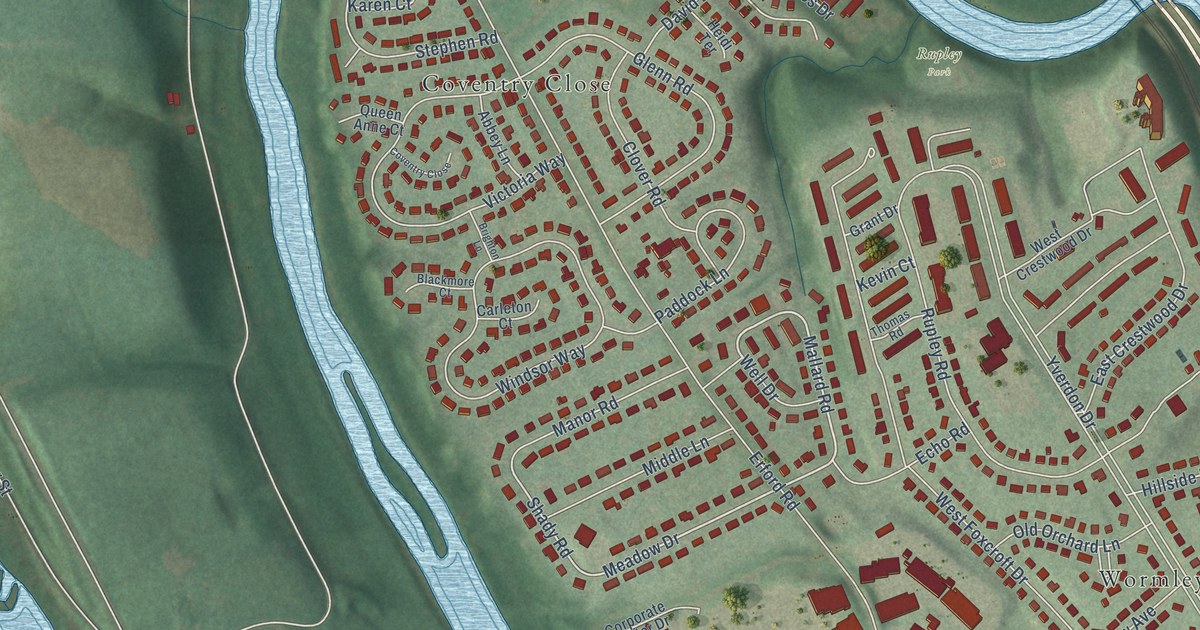 Close-up of streets and buildings in West Creek Hills, Pennsylvania