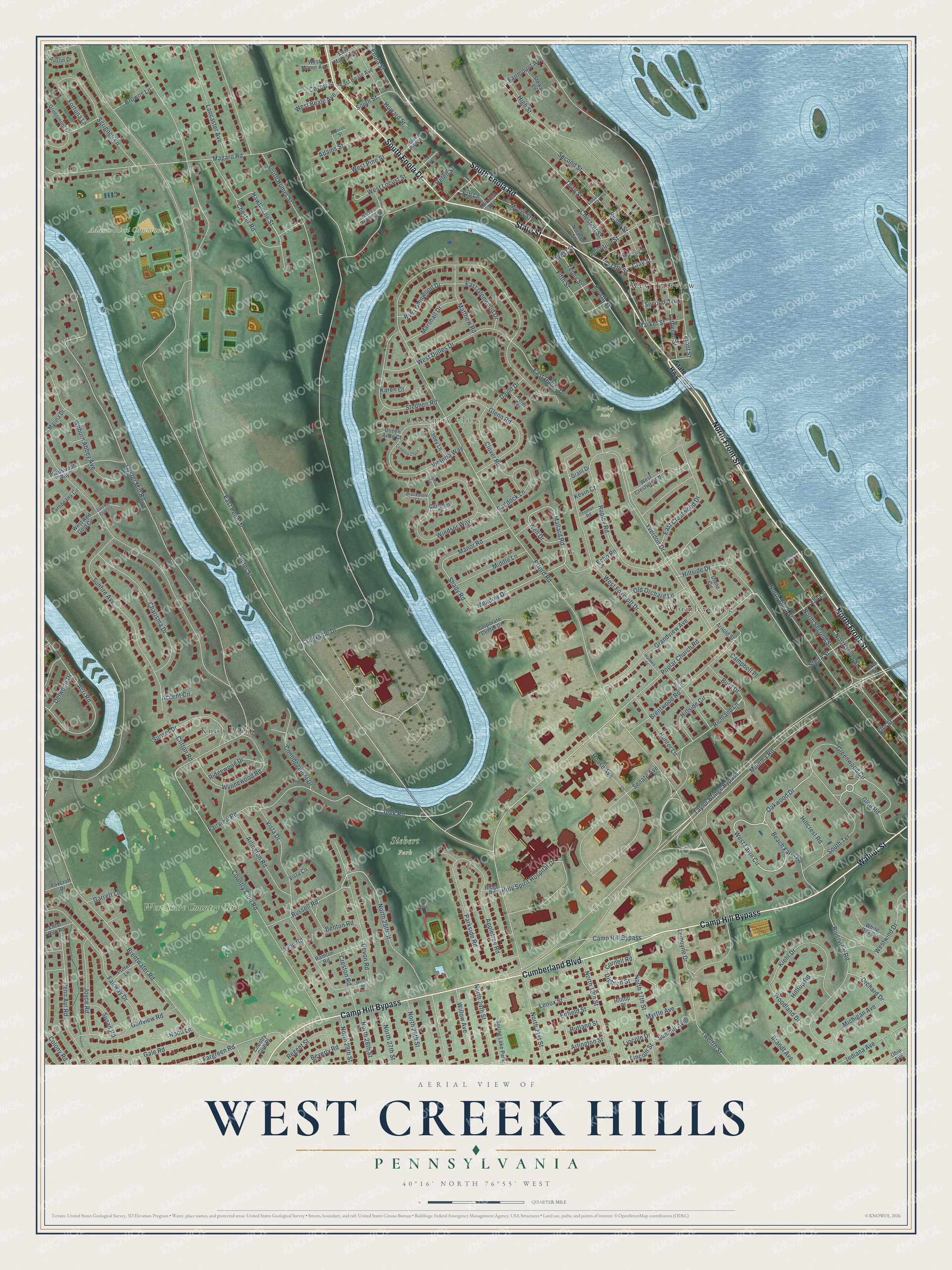 Full map of West Creek Hills, Pennsylvania, with red buildings, printed street names and the land around them