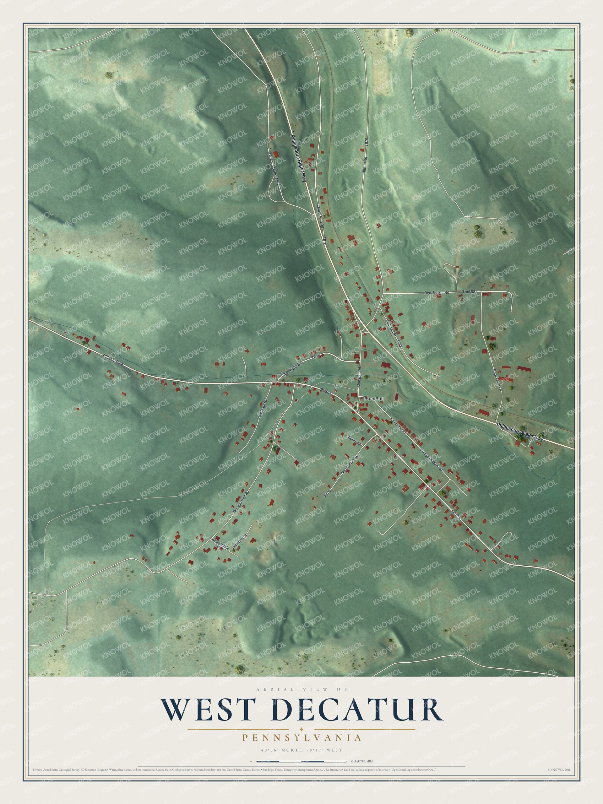Full map of West Decatur, Pennsylvania, with red buildings, printed street names and the land around them