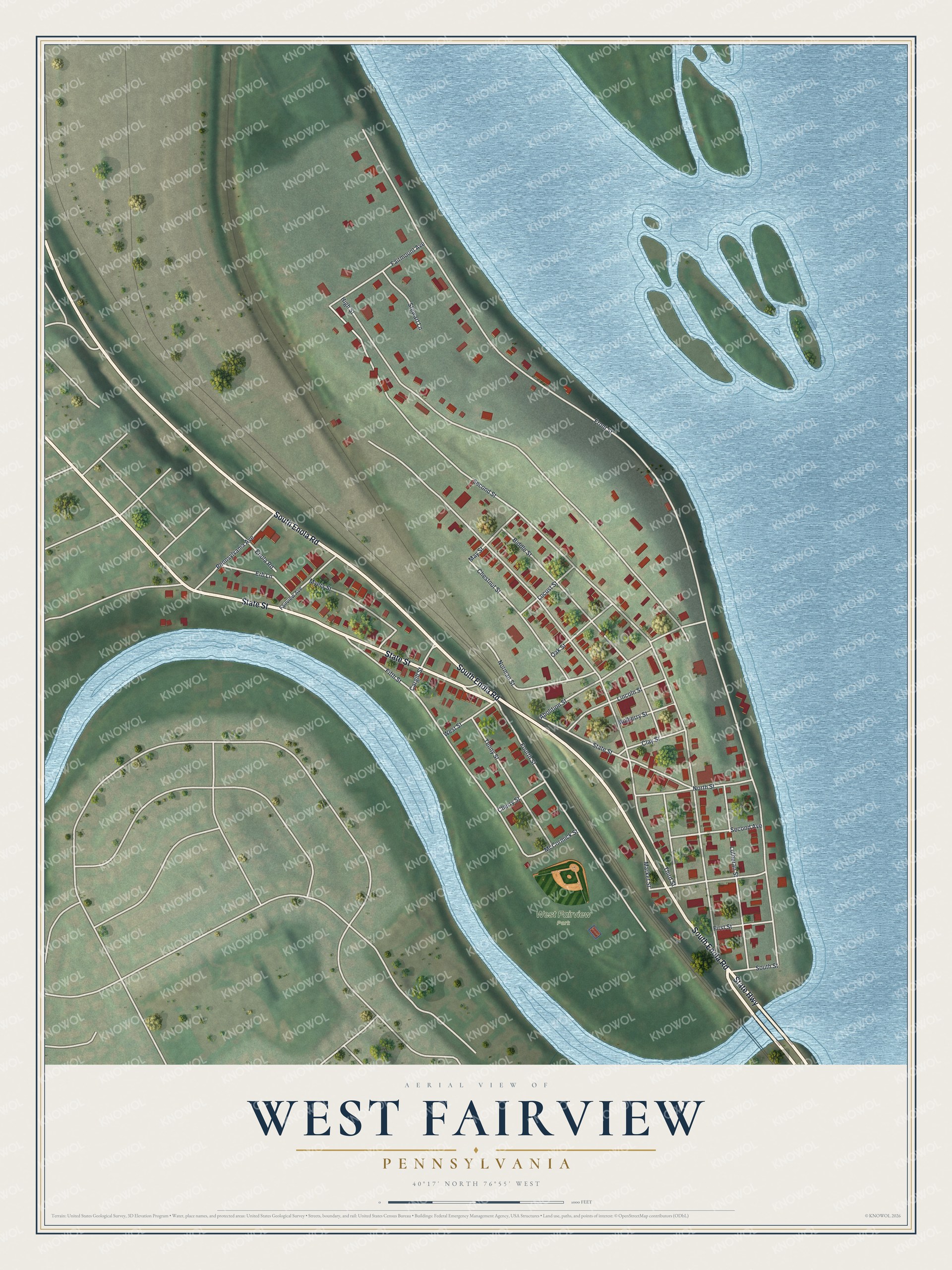 Full map of West Fairview, Pennsylvania, with red buildings, printed street names and the land around them