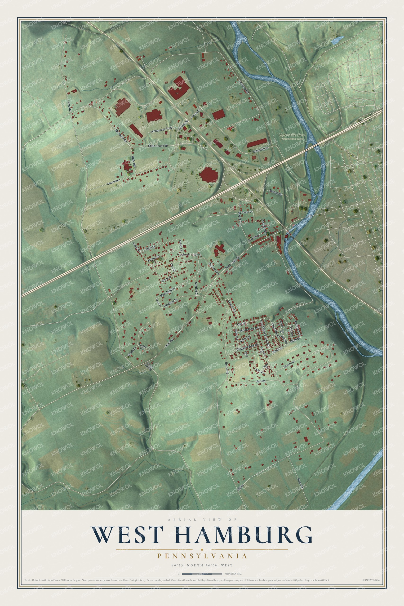 Full map of West Hamburg, Pennsylvania, with red buildings, printed street names and the land around them