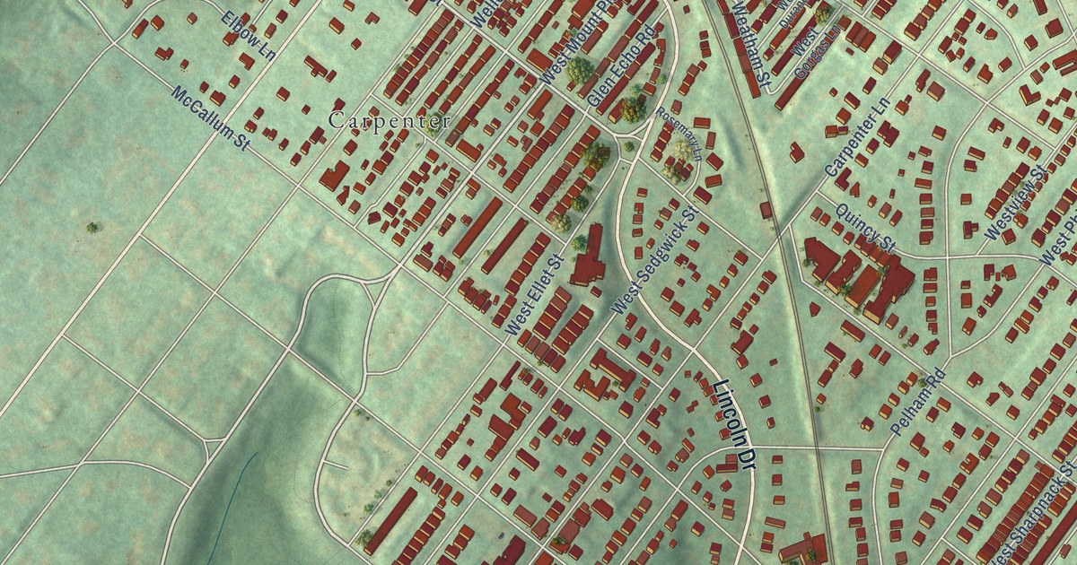 Close-up of streets and buildings in West Mount Airy, Pennsylvania