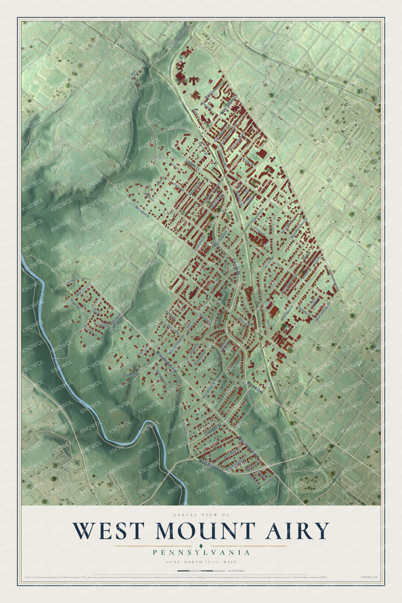 Full map of West Mount Airy, Pennsylvania, with red buildings, printed street names and the land around them