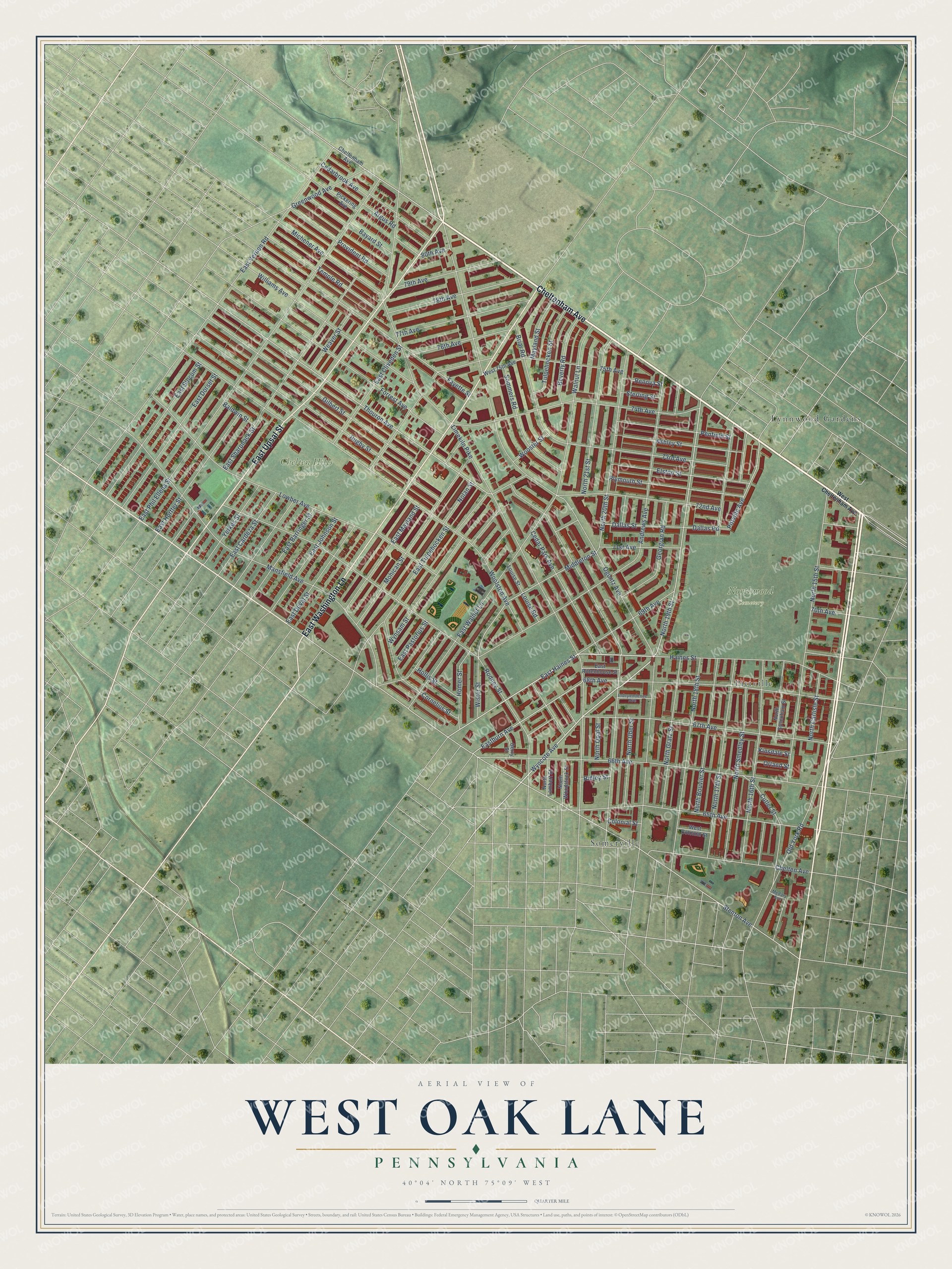 Full map of West Oak Lane, Pennsylvania, with red buildings, printed street names and the land around them